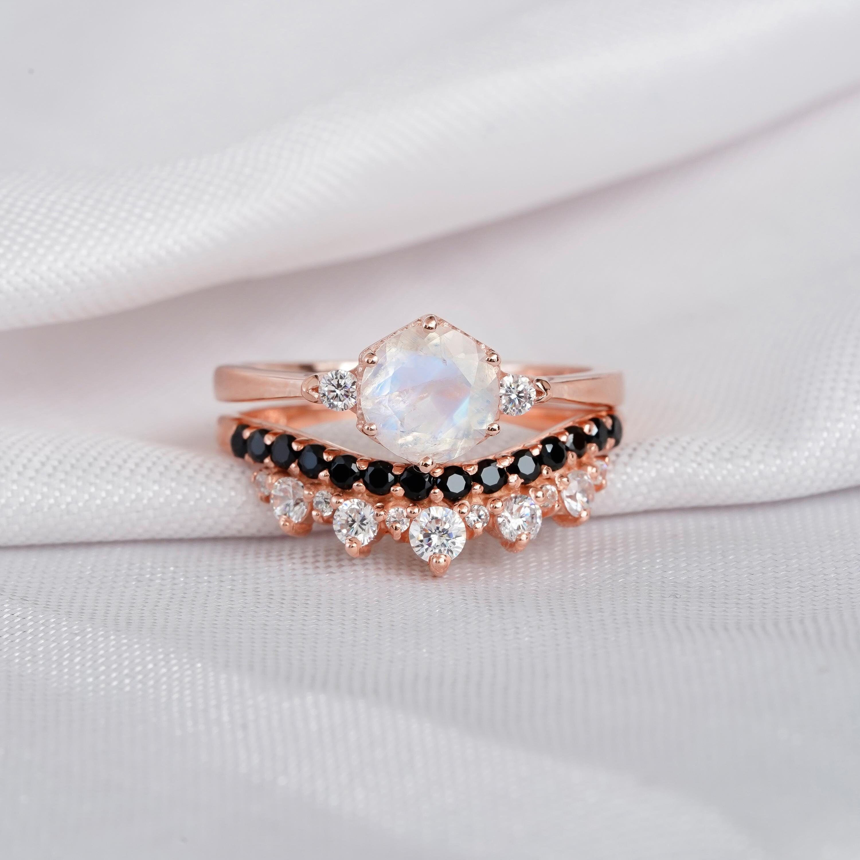 Moonstone Engagement Ring Set, Black Onyx Sterling Silver Crown Wedding Band