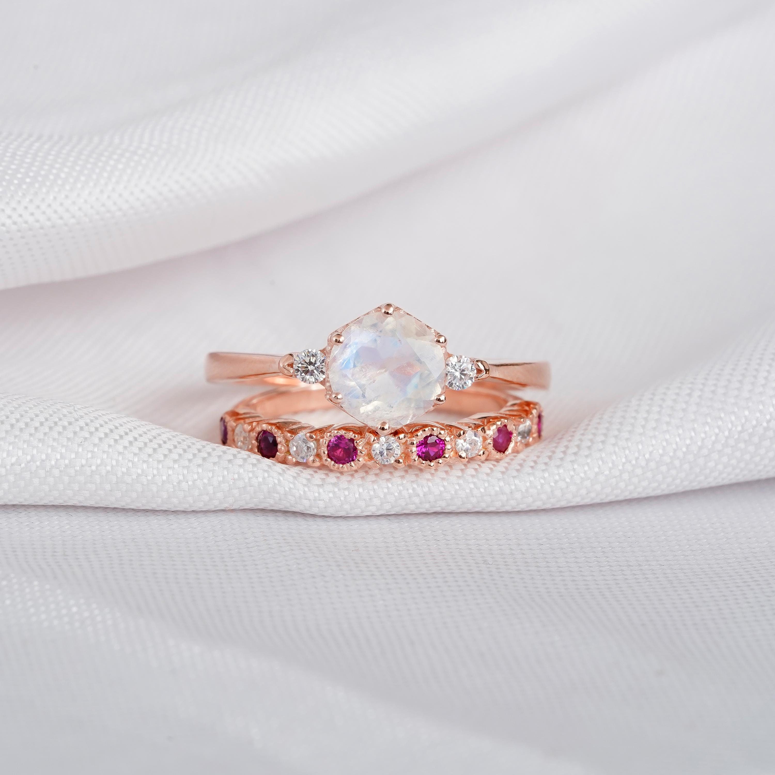 Moonstone Engagement Ring Set: Sterling Silver Hexagon Halo, Ruby Wedding Band