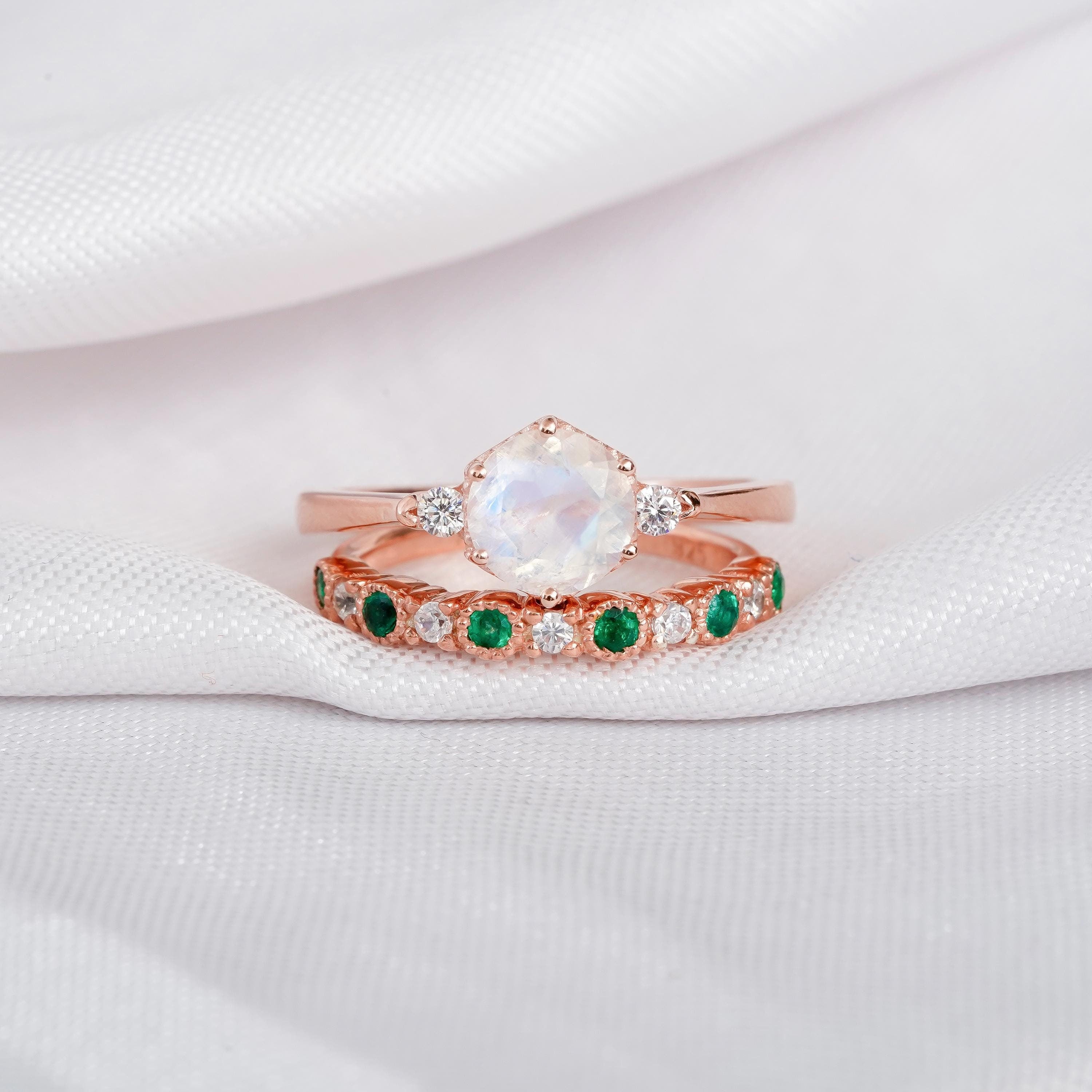 Moonstone Engagement Ring Set, Emerald Sterling Silver Wedding Band
