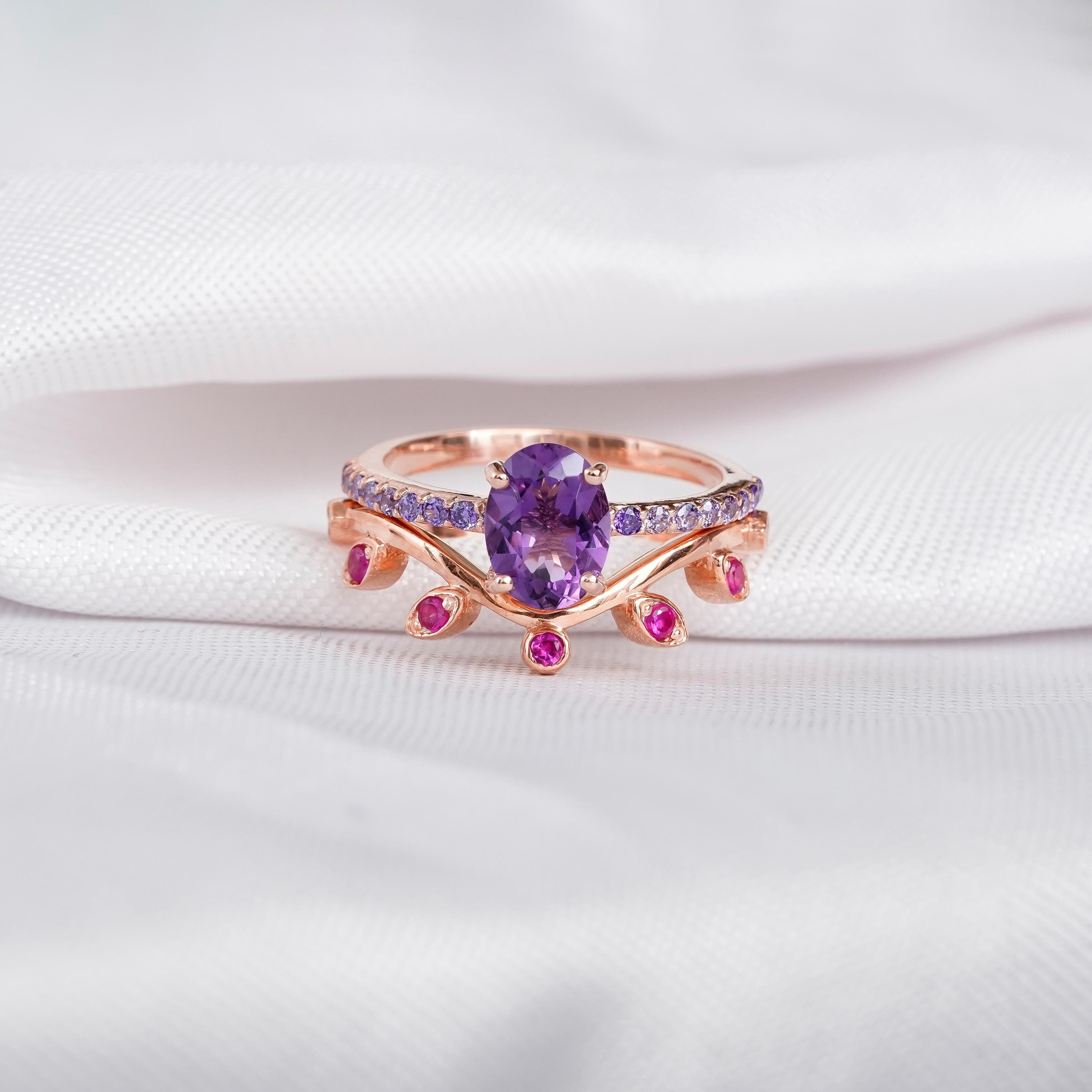 Amethyst Engagement Ring Set, Ruby Leaf Sterling Silver Wedding Band