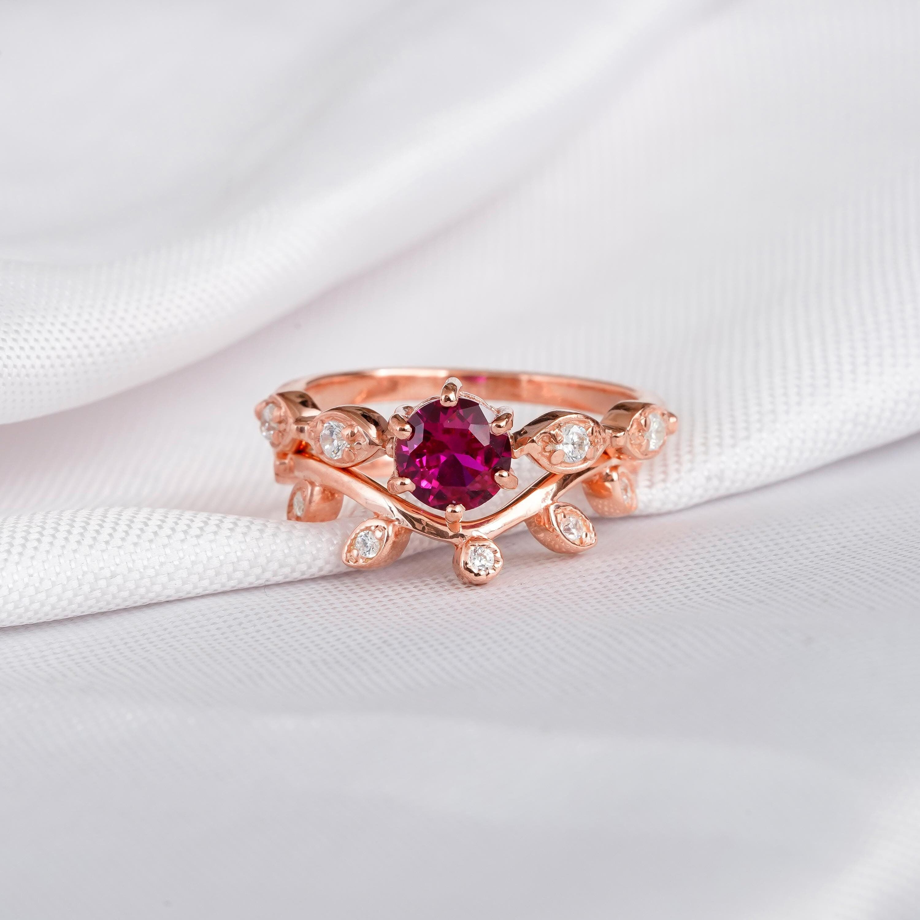 Ruby Engagement Ring Set, Moissanite Leaf Band, Sterling Silver
