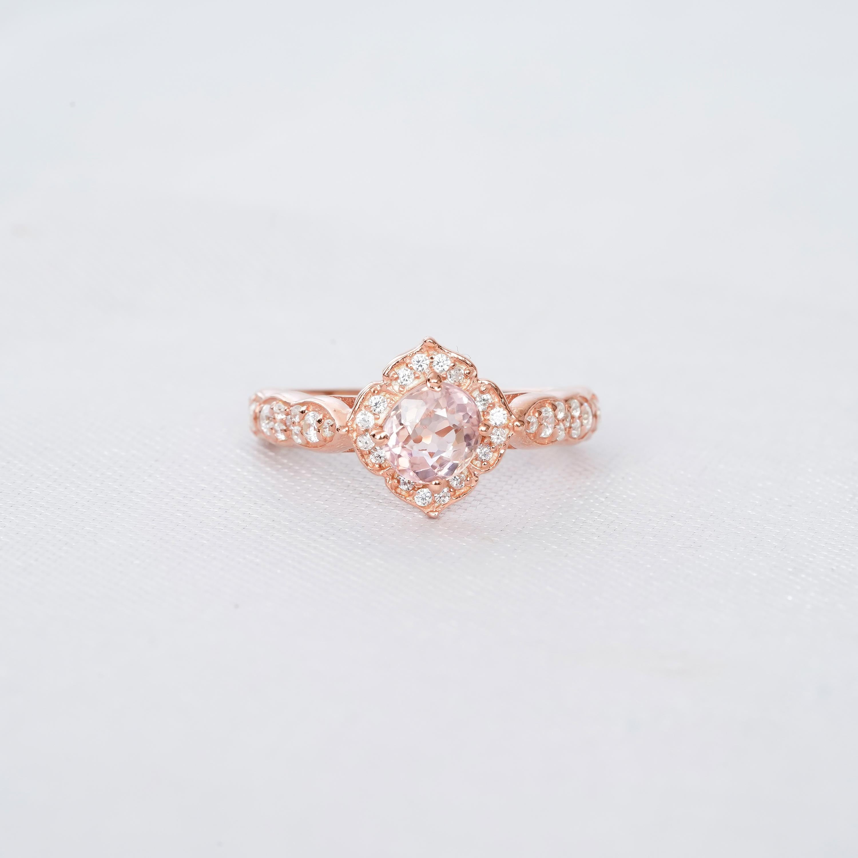 Morganite Engagement Ring Set: Sterling Silver Floral Halo, Moissanite Crown Band