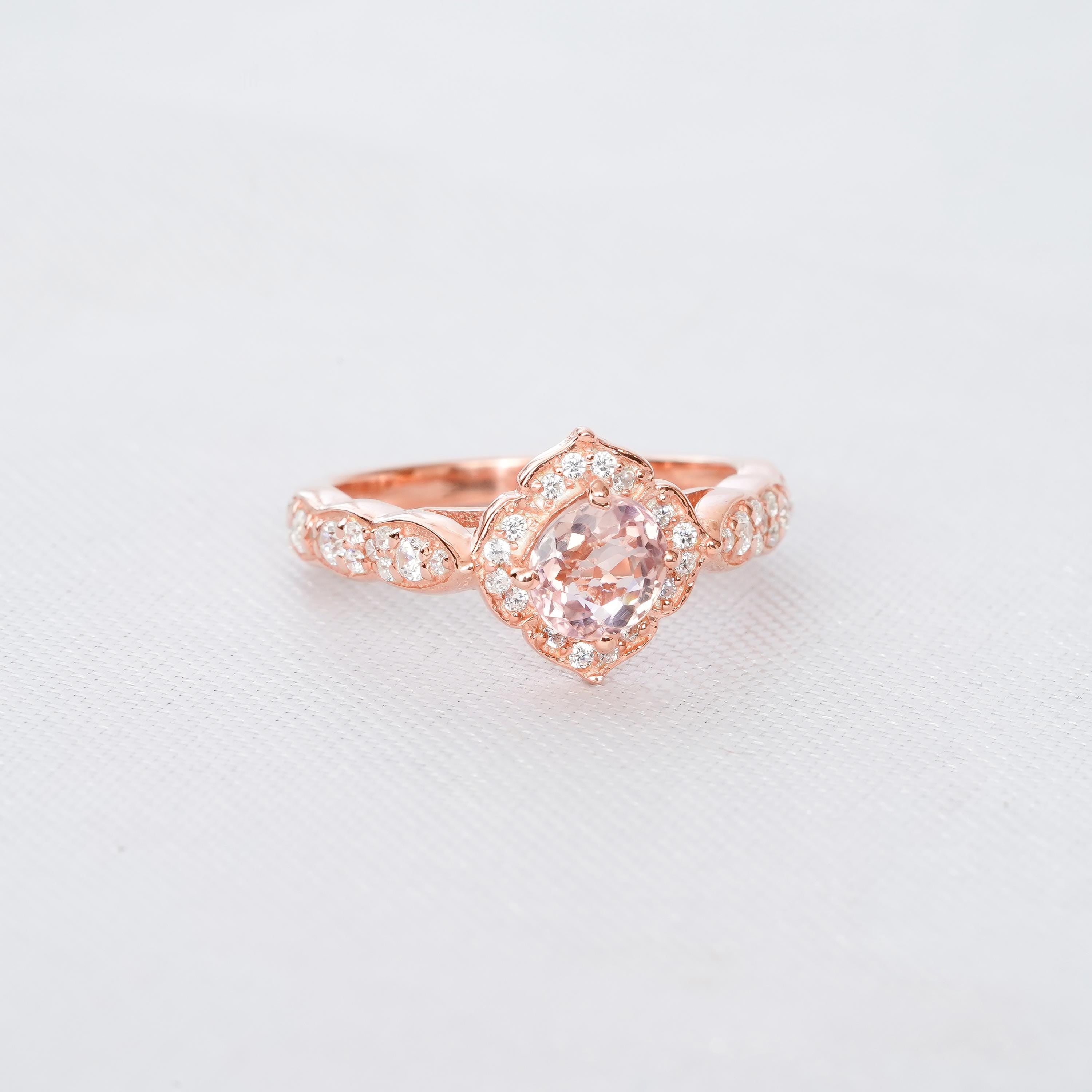 Morganite Engagement Ring Set: Sterling Silver Floral Halo, Moissanite Crown Band