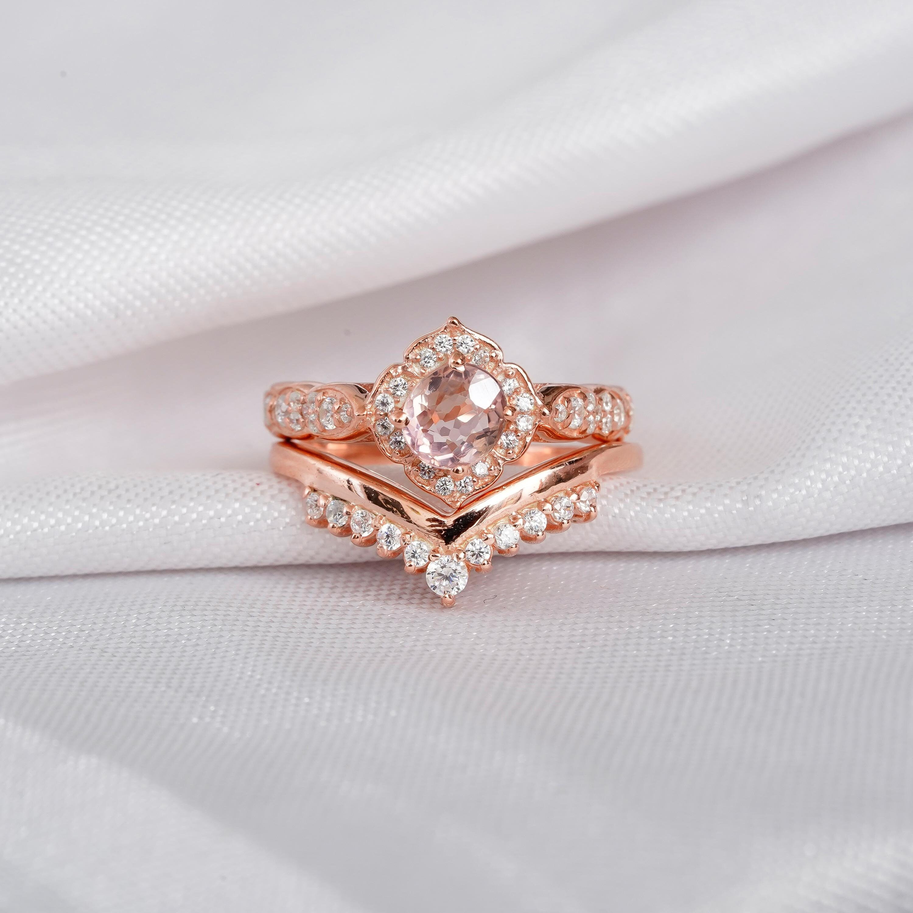 Morganite Engagement Ring Set, Sterling Silver Moissanite Chevron Wedding Band