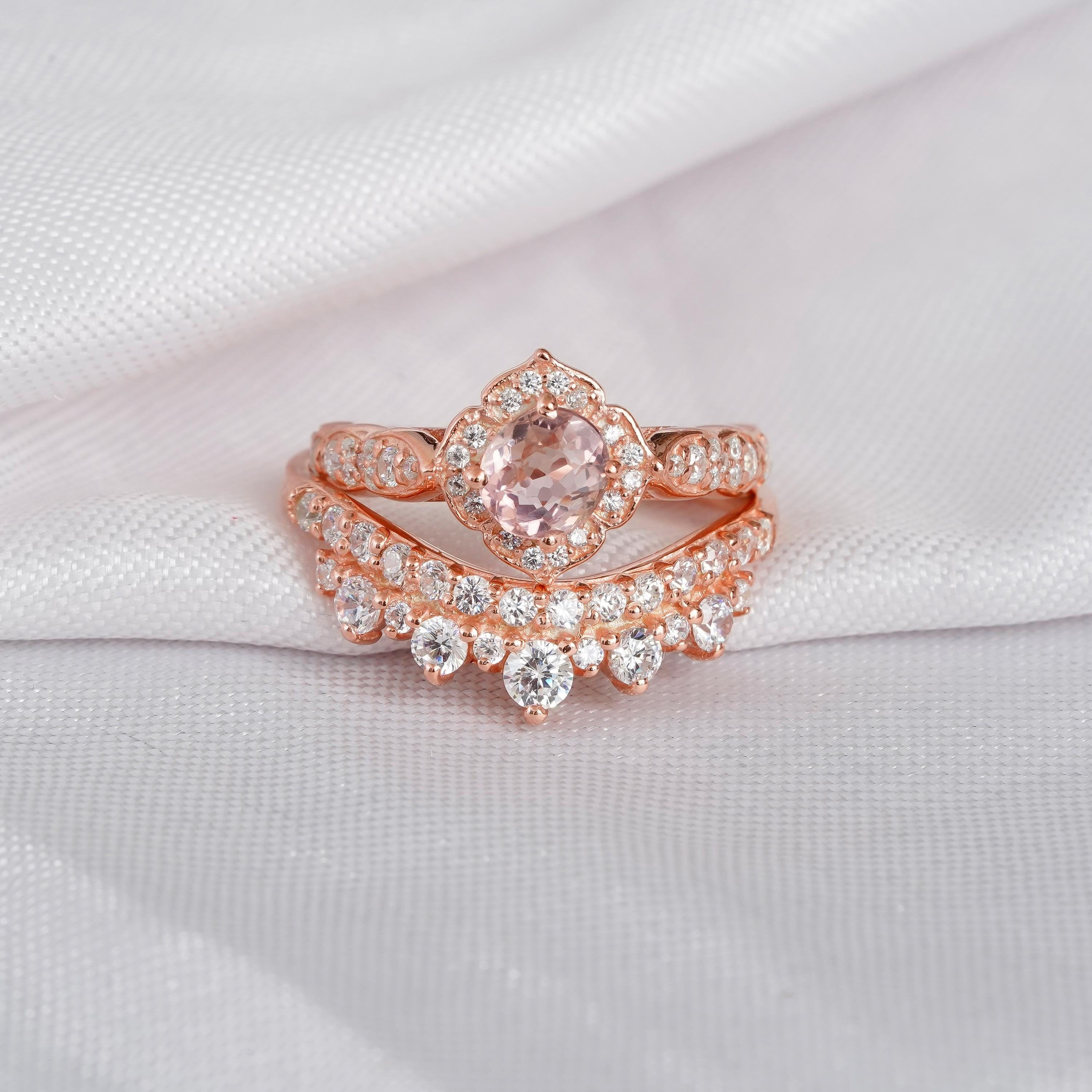 Morganite Engagement Ring Set: Sterling Silver Floral Halo, Moissanite Crown Band