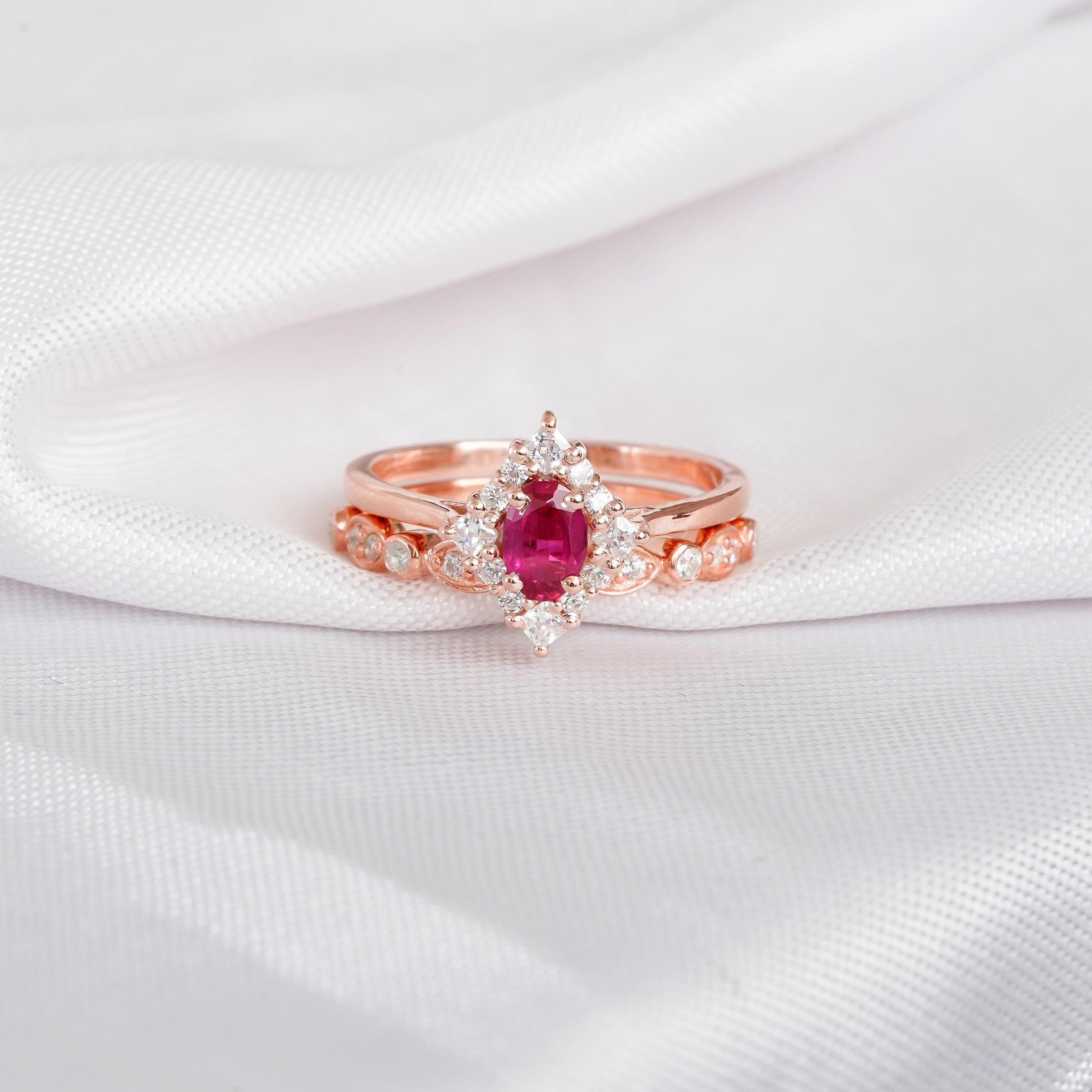 Sterling Silver Ruby Engagement Ring Set, Art Deco Moissanite Halo