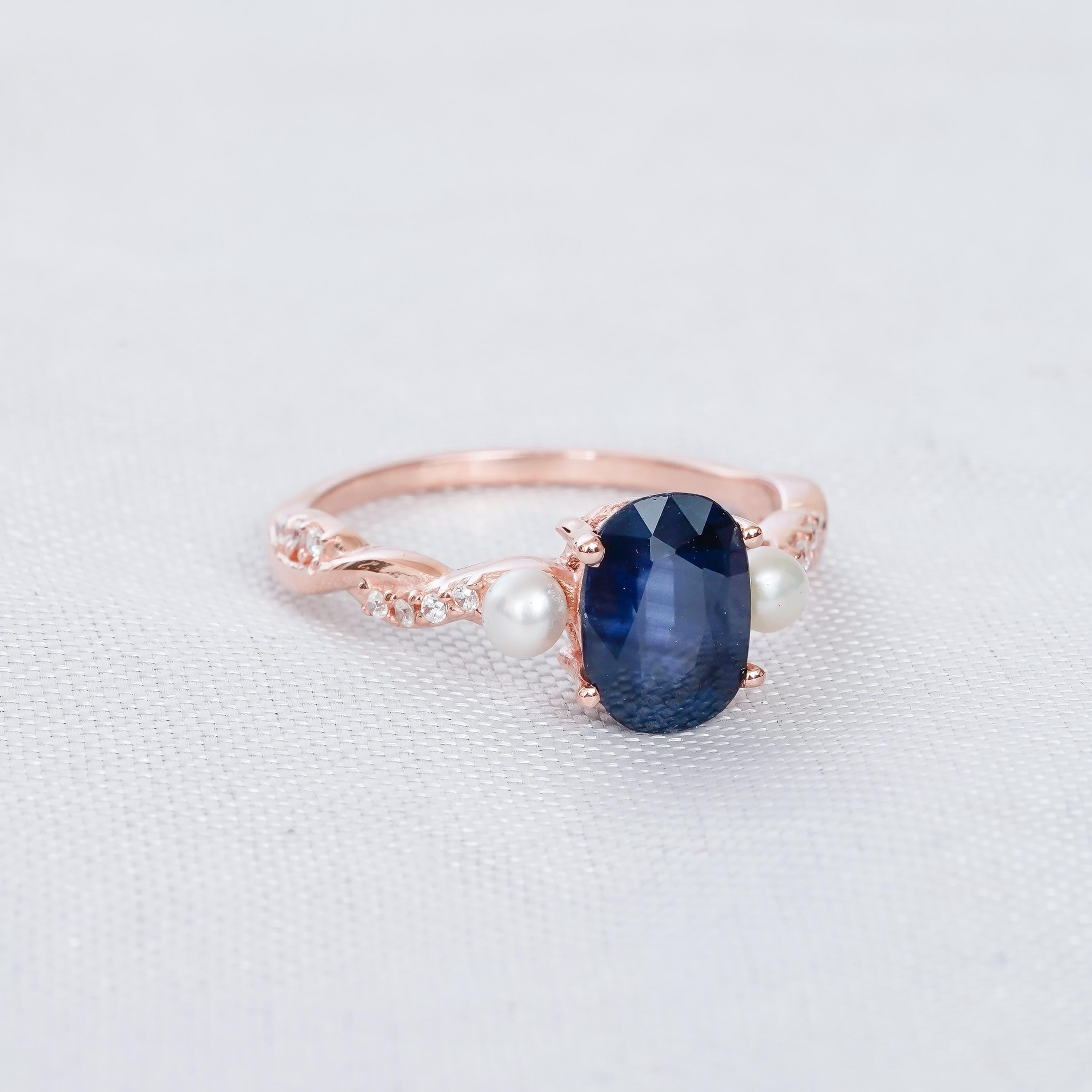 Art Deco Blue Sapphire Ring Set, Sterling Silver Pearl Accent Wedding Band