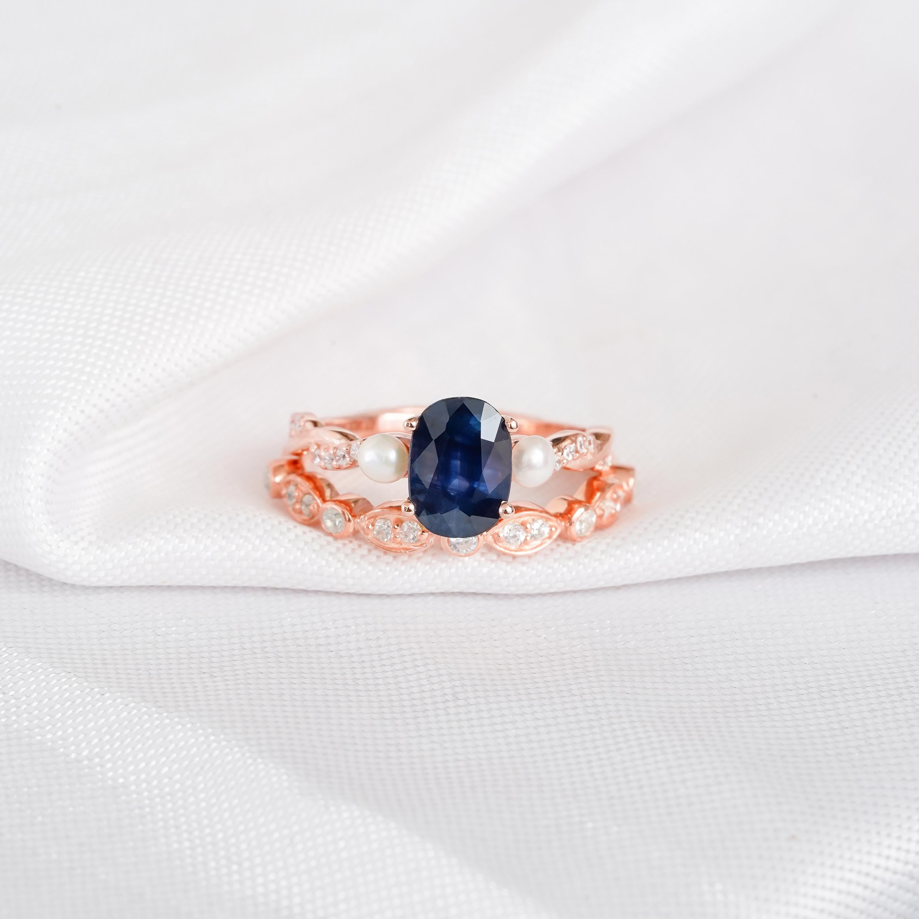 Art Deco Blue Sapphire Ring Set, Sterling Silver Pearl Accent Wedding Band