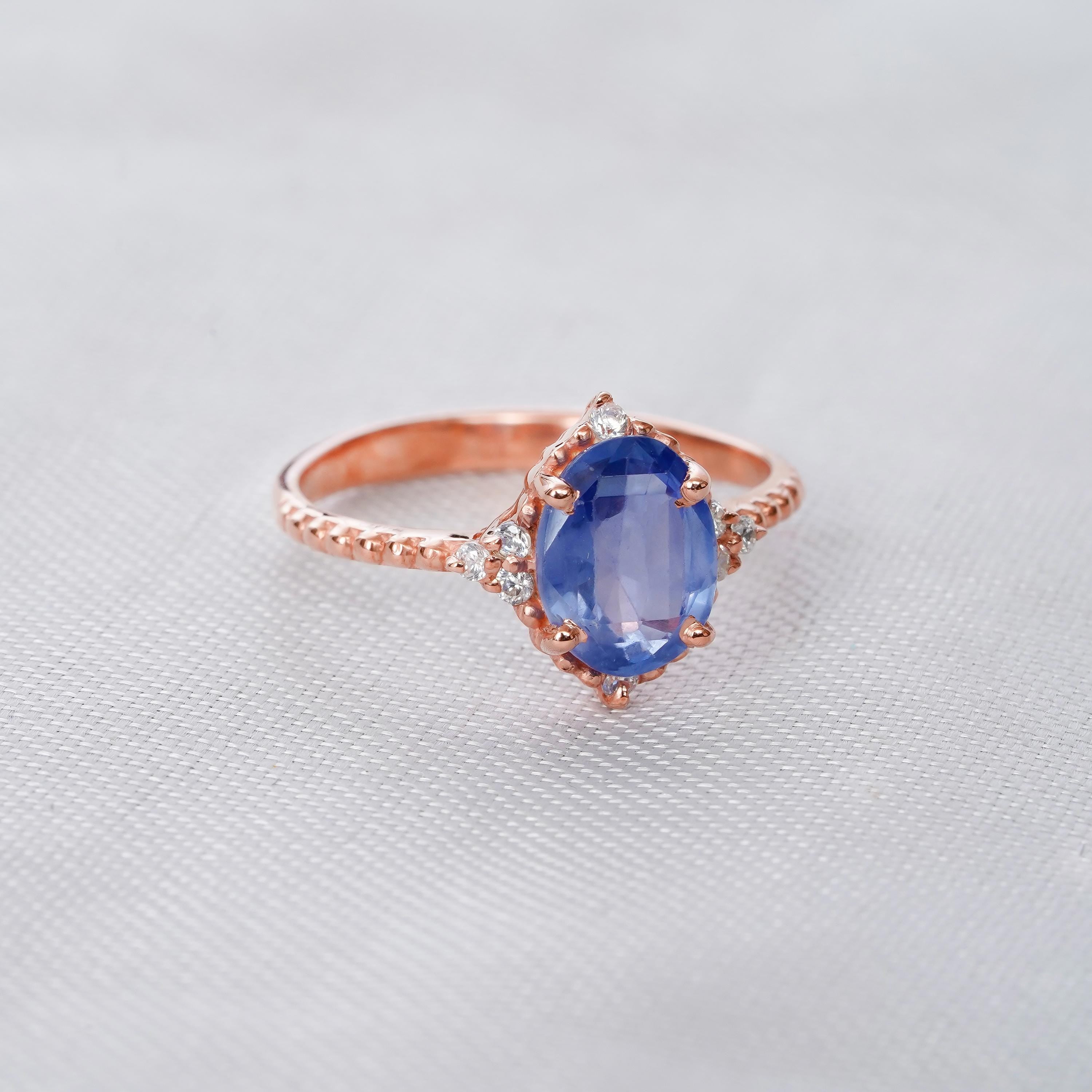 Blue Sapphire Engagement Ring Set, Sterling Silver Floral Halo Bridal Ring