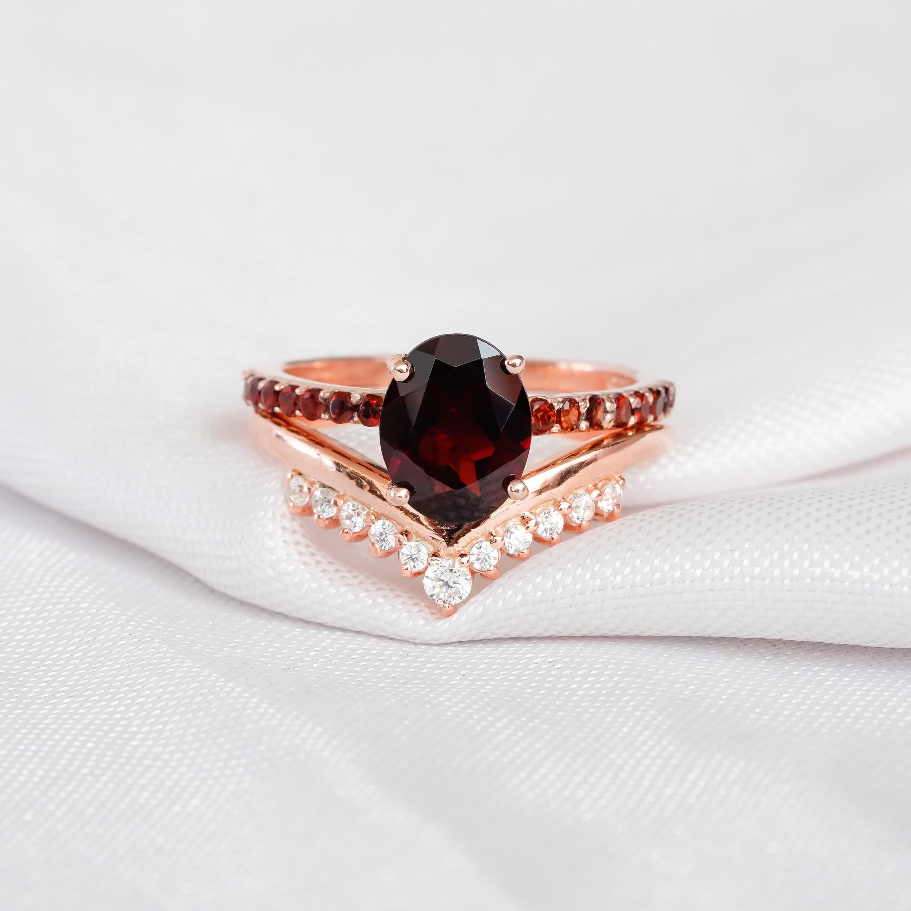Garnet Engagement Ring Set, Sterling Silver Moissanite Chevron Band