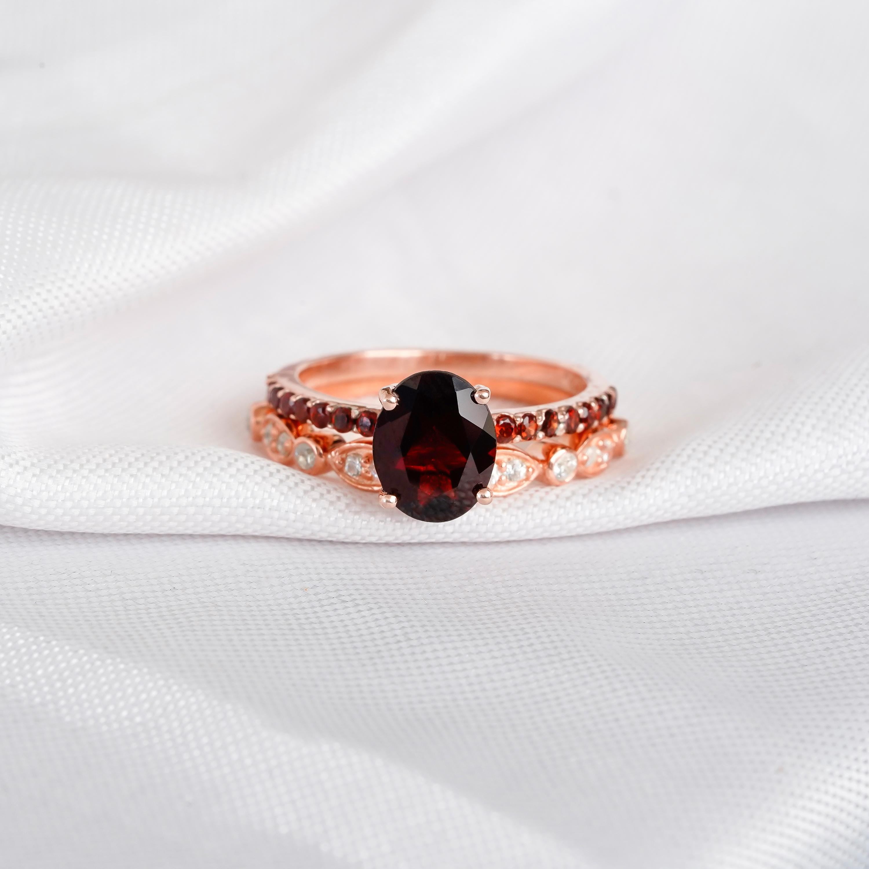 Garnet Engagement Ring Set, Art Deco Moissanite Wedding Band, Sterling Silver