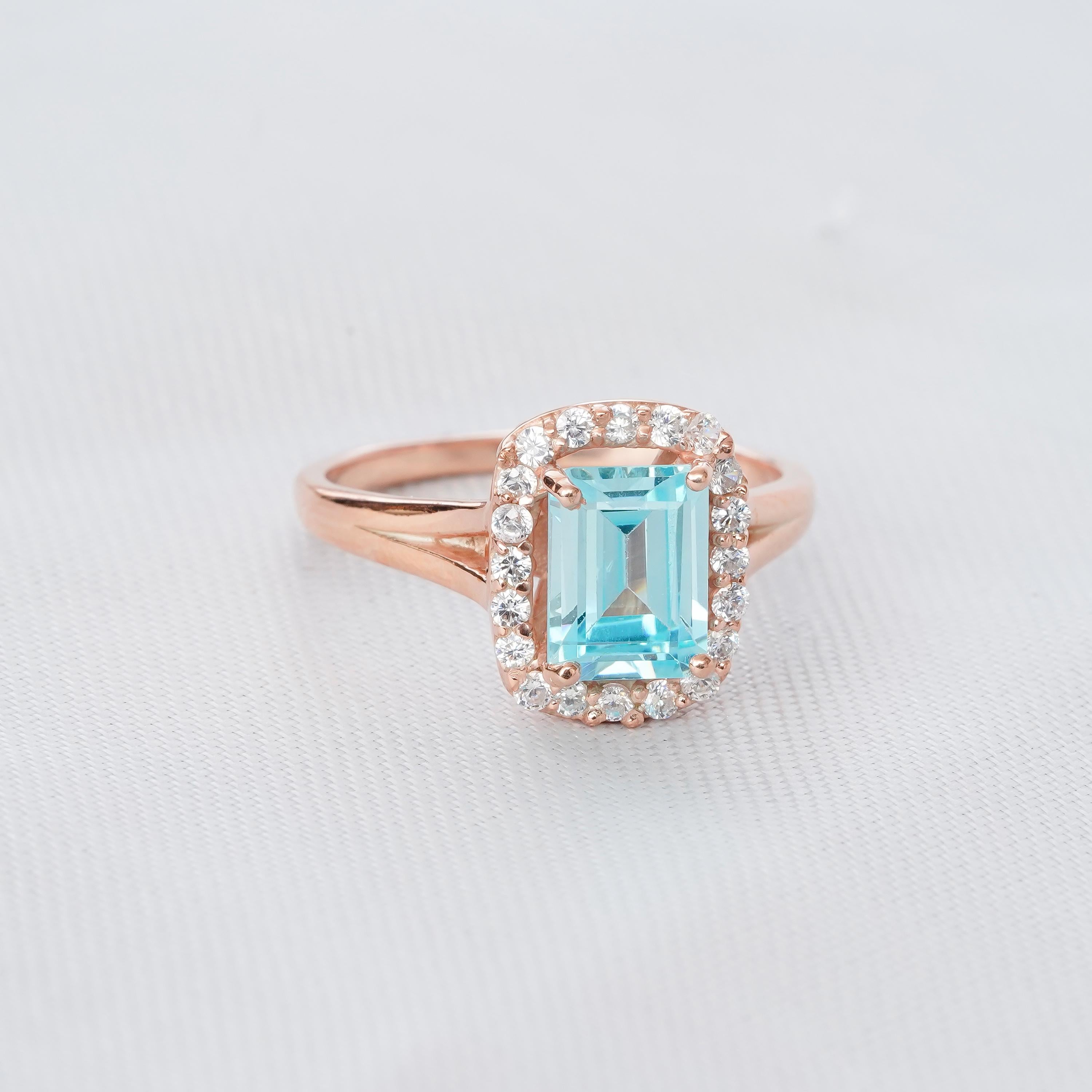 Aquamarine Engagement Ring Set, Emerald Cut Sterling Silver Leaf Wedding Band