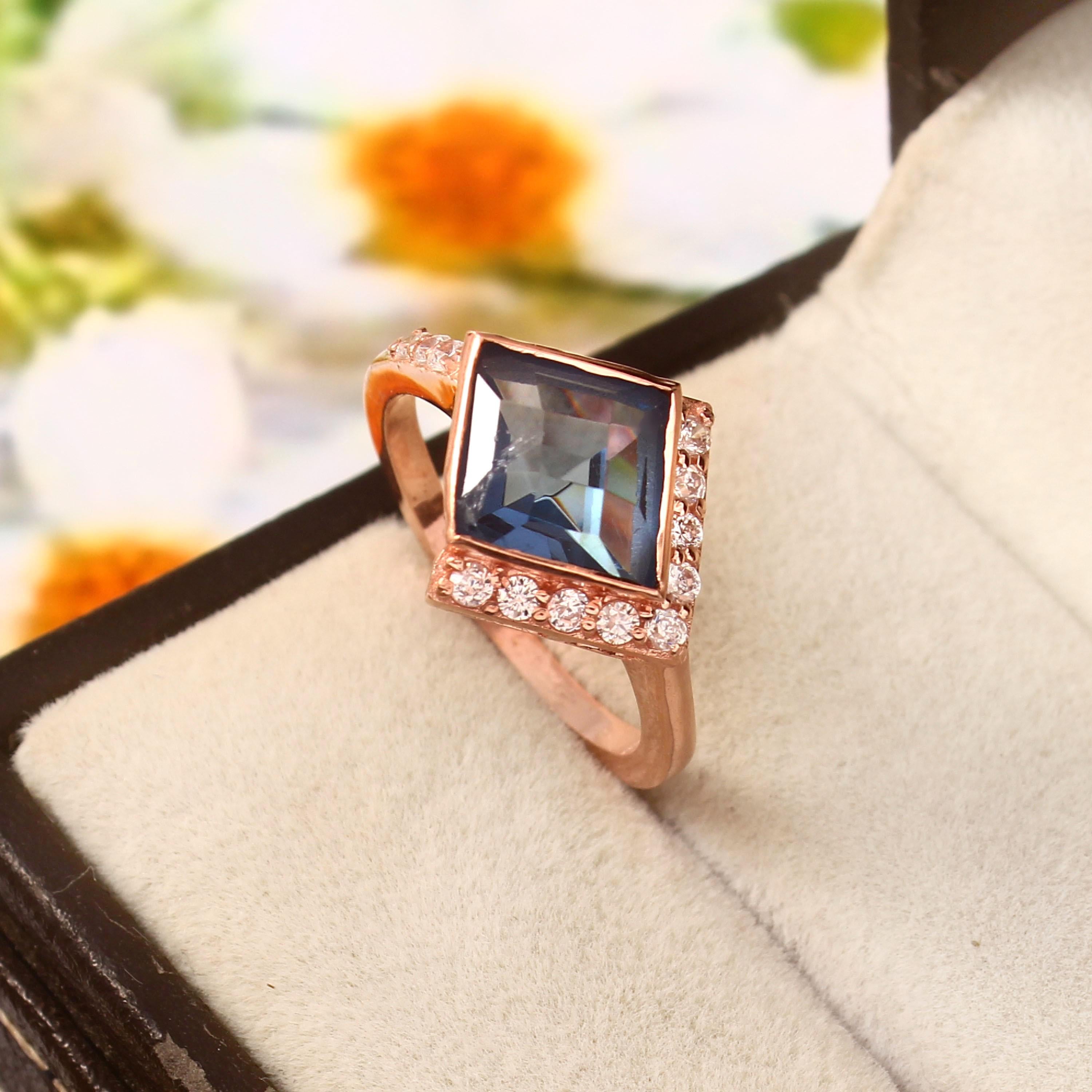 Blue Sapphire Sterling Silver Engagement Ring, Elongated Princess Cut