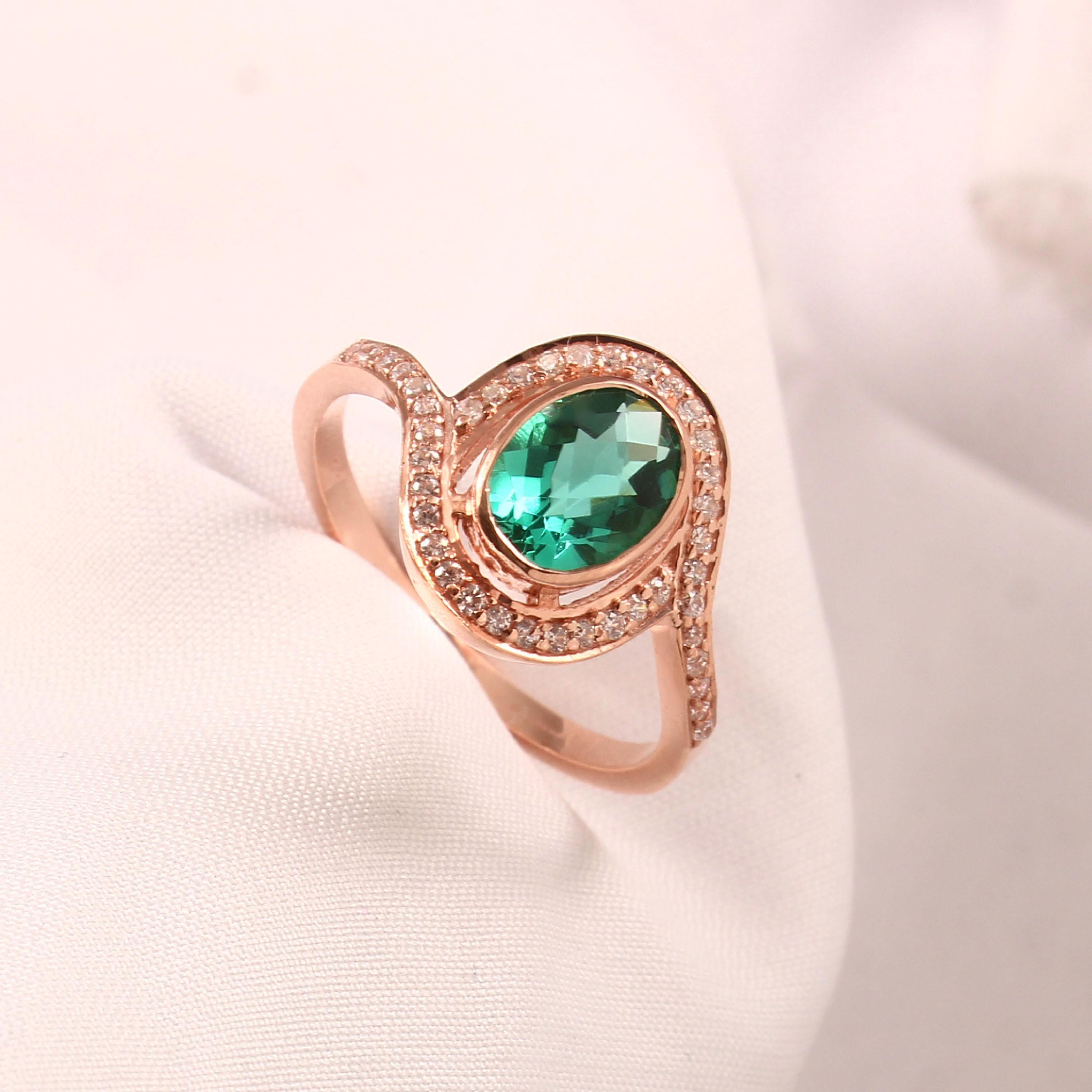 Oval Emerald Engagement Ring, Sterling Silver Bypass Band, Halo Bridal