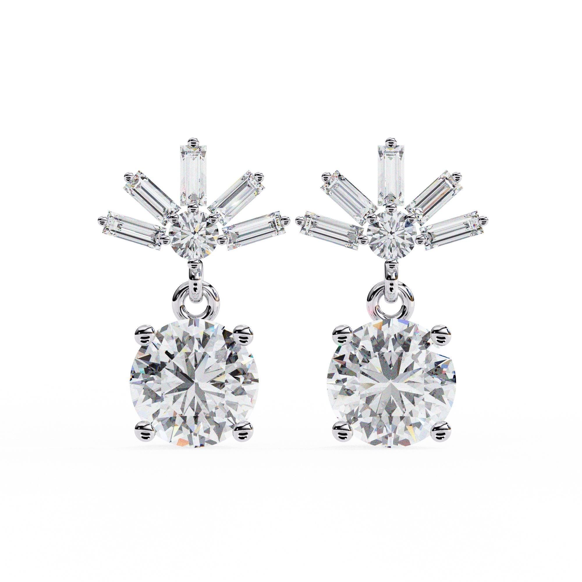 Moissanite Dangle Earrings, 925 Sterling Silver Baguette Danglers