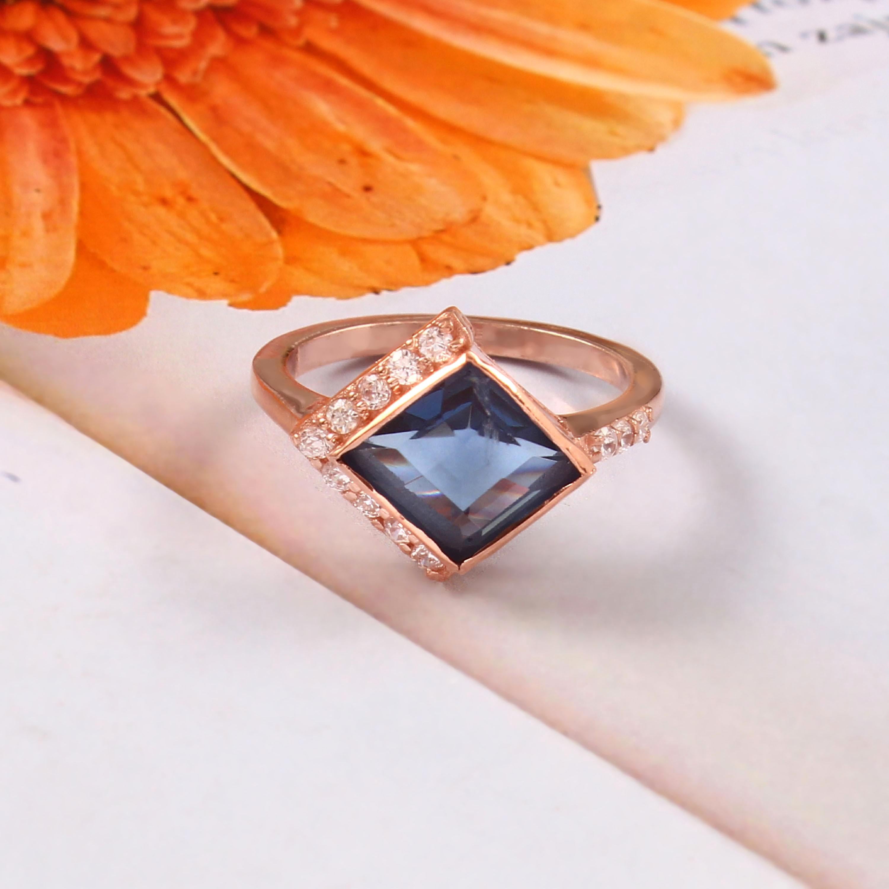 Blue Sapphire Sterling Silver Engagement Ring, Elongated Princess Cut
