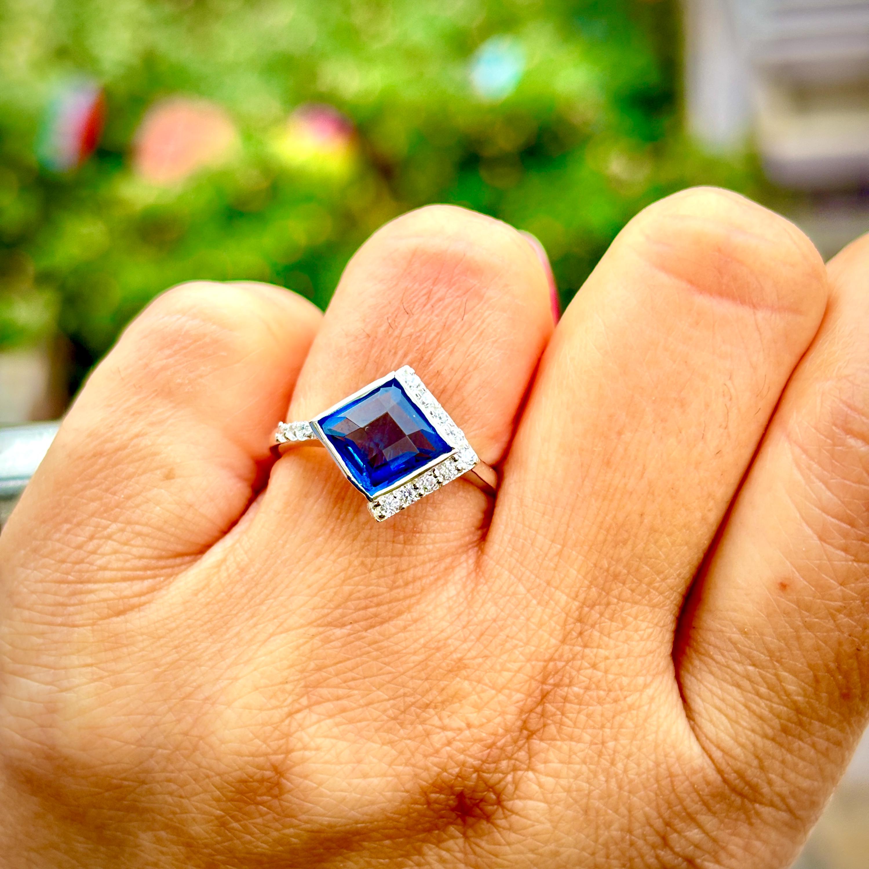Blue Sapphire Sterling Silver Engagement Ring, Elongated Princess Cut