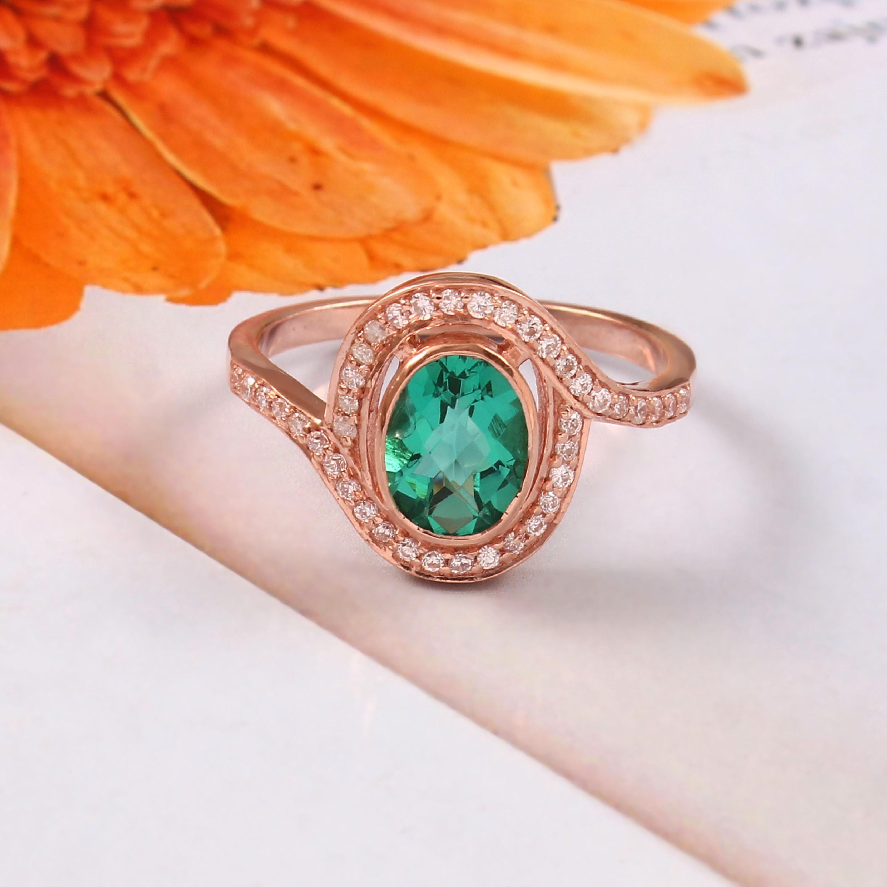 Oval Emerald Engagement Ring, Sterling Silver Bypass Band, Halo Bridal