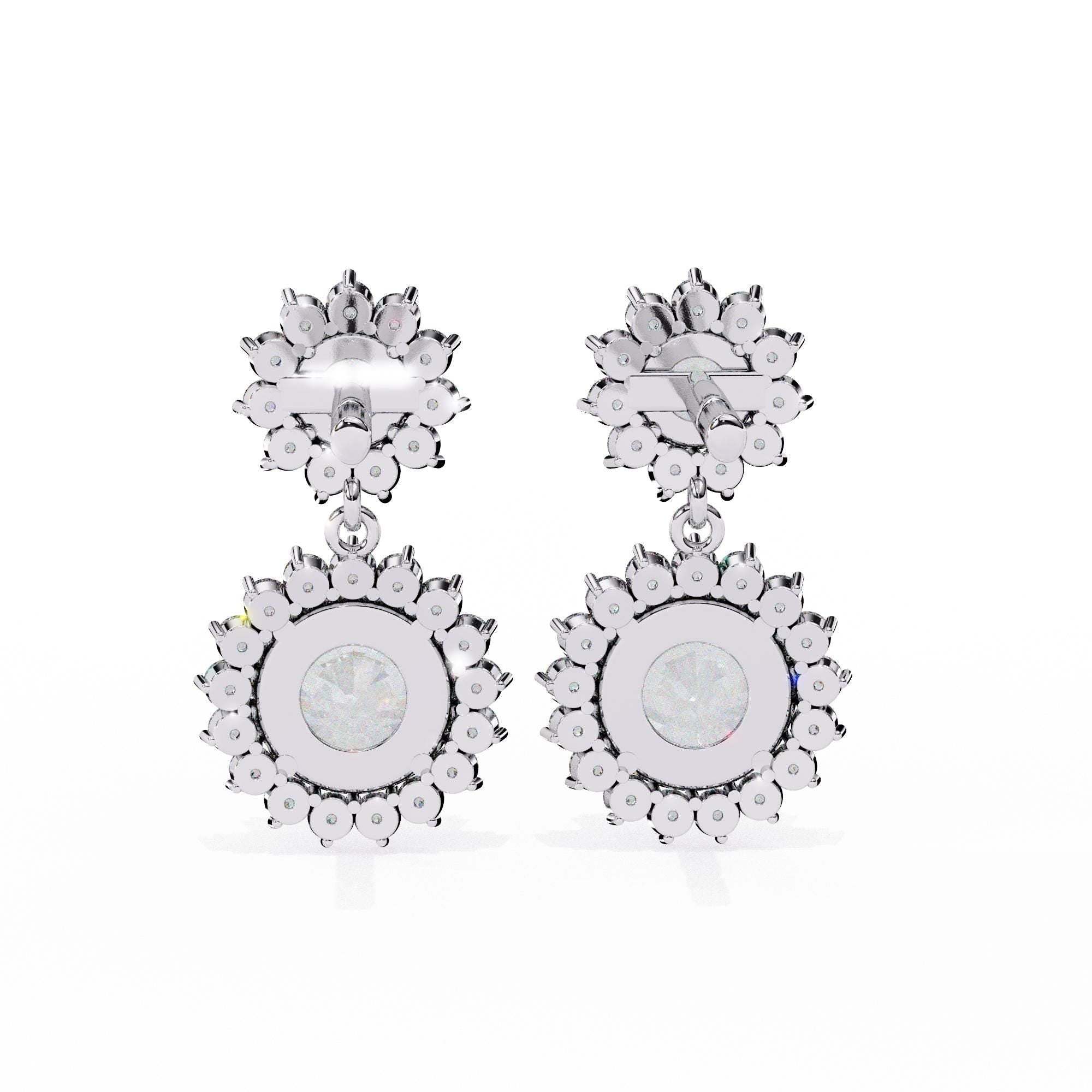 Moissanite Flower Halo Dangle Earrings, 925 Sterling Silver