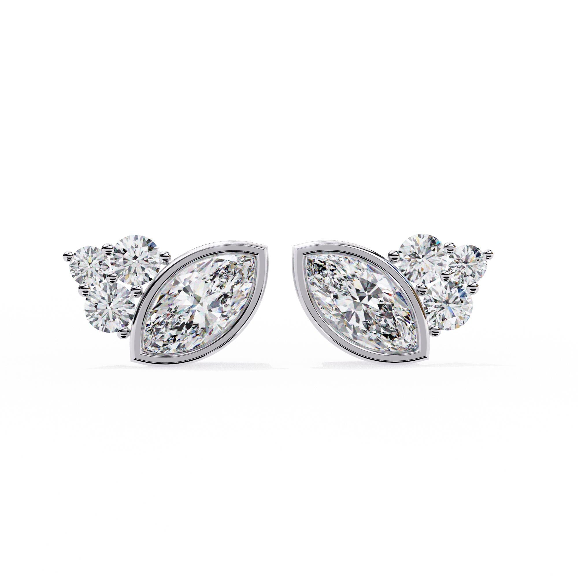 Marquise Moissanite Stud Earrings, Bezel Set Sterling Silver
