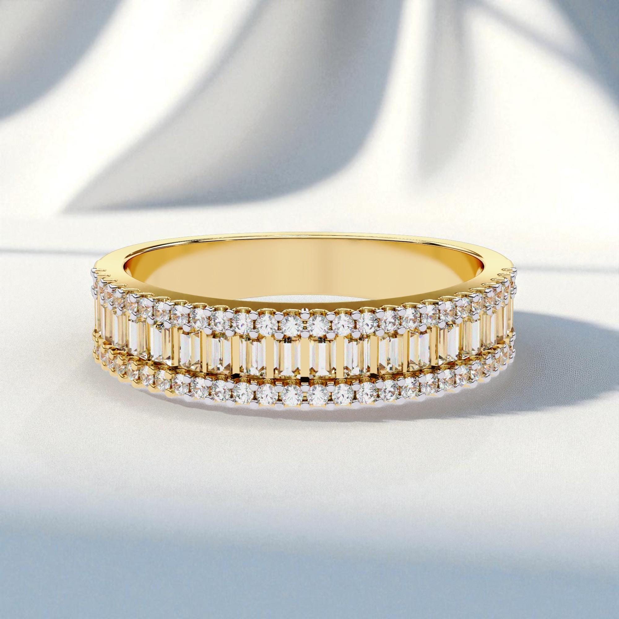Baguette Moissanite Half Eternity Band, Sterling Silver Wedding Ring