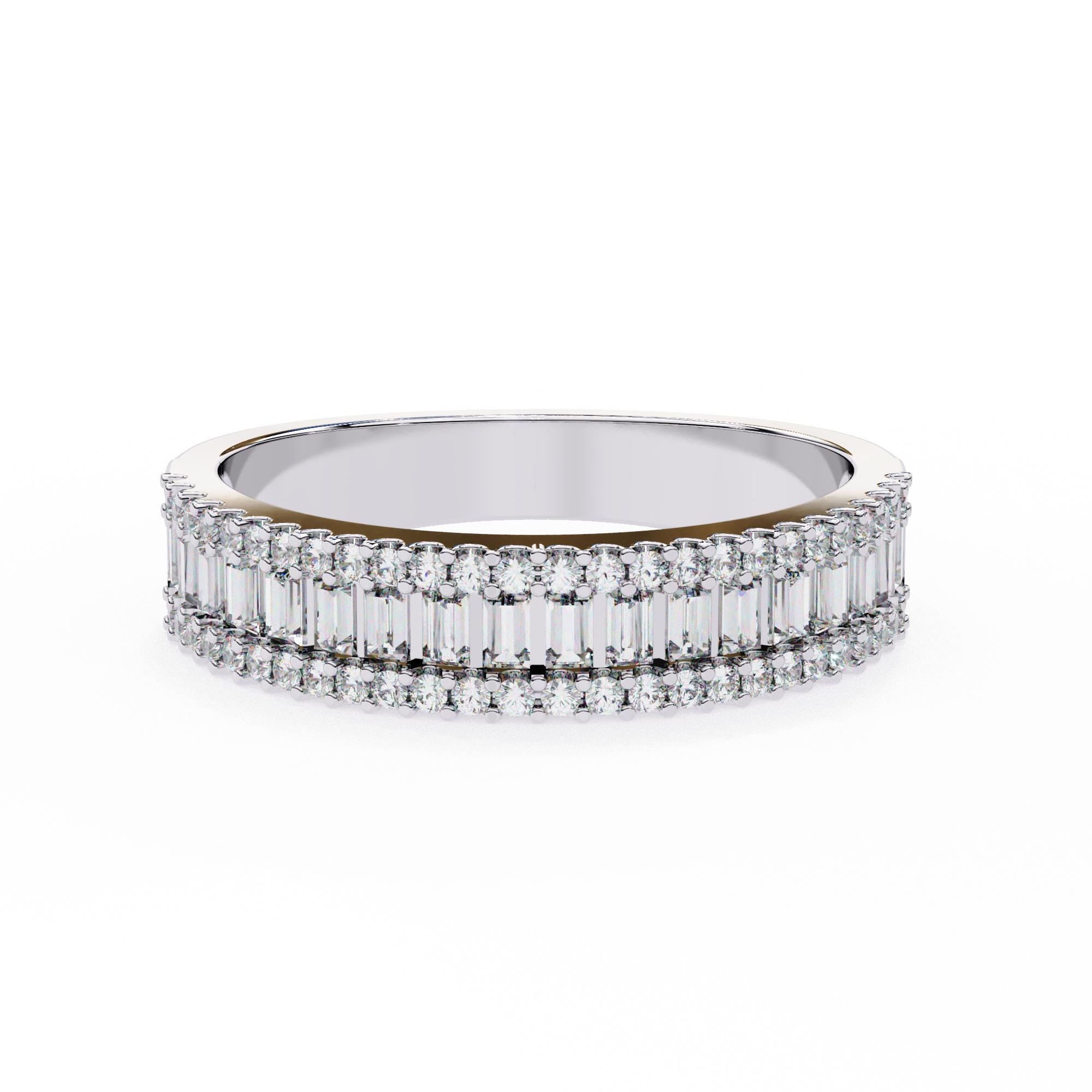 Baguette Moissanite Half Eternity Band, Sterling Silver Wedding Ring