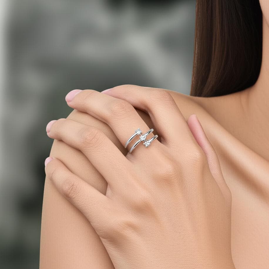 Sterling Silver Spiral Ring | Three Stone Cubic Zirconia Bypass