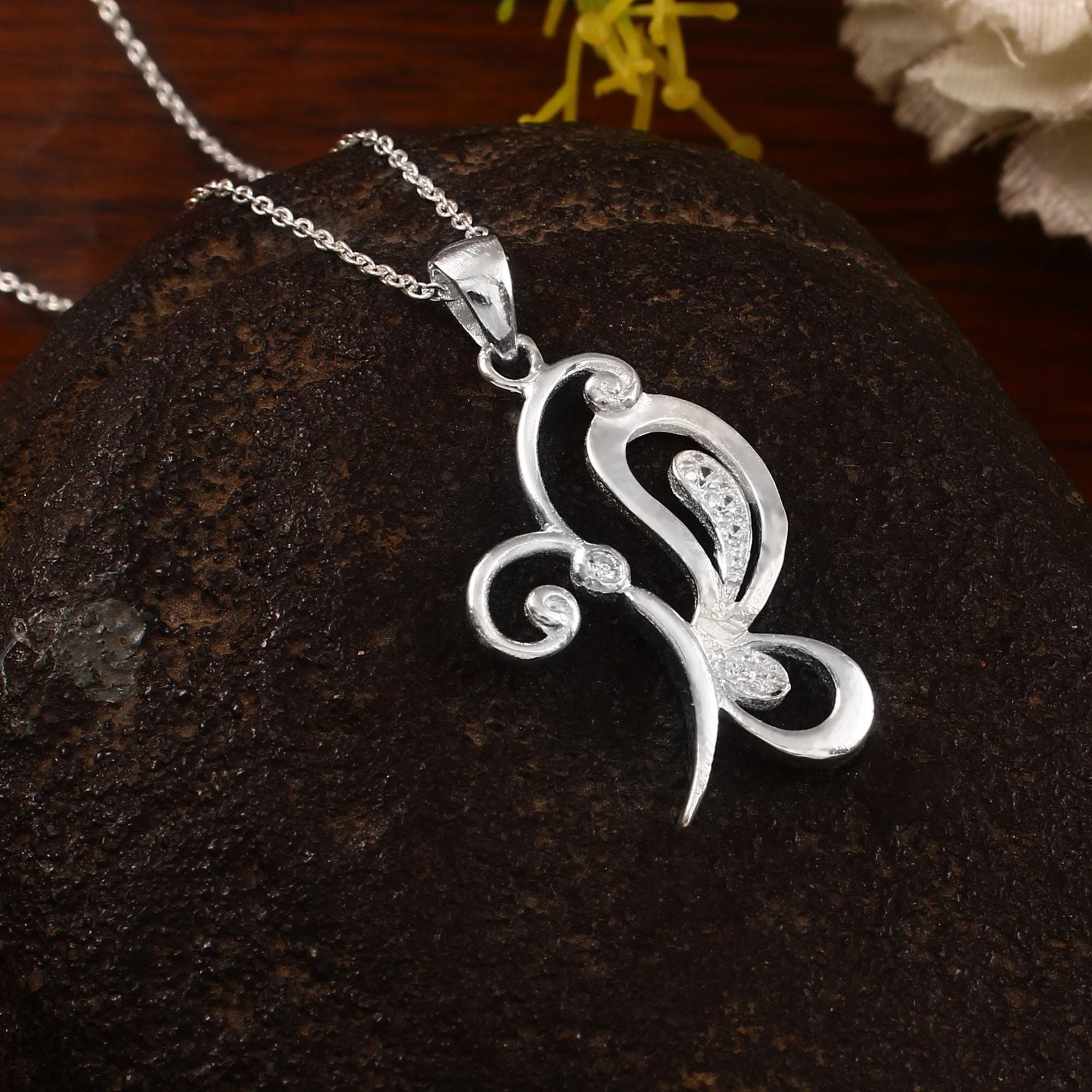 Sterling Silver Butterfly Pendant Necklace, Pave CZ, 18 Inch