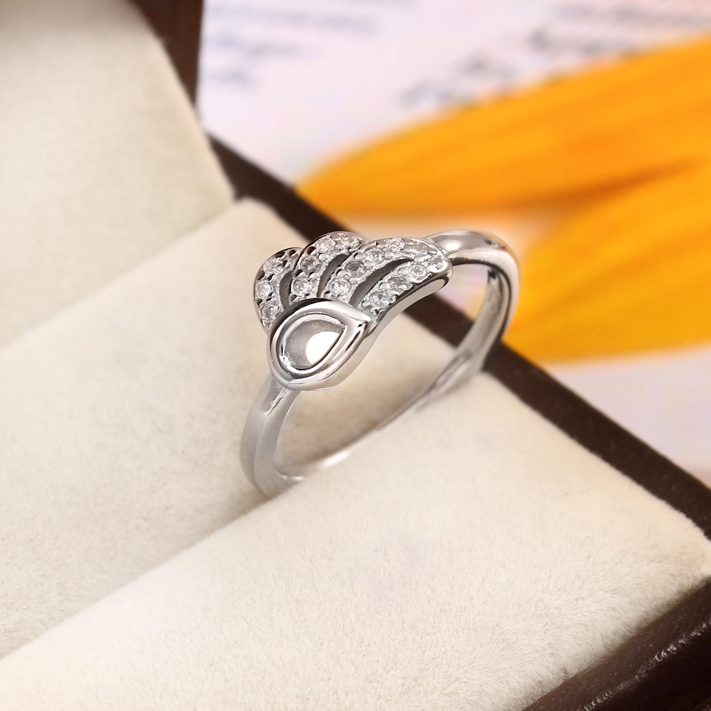Sterling Silver Angel Wing Ring, Cubic Zirconia Feather Jewelry