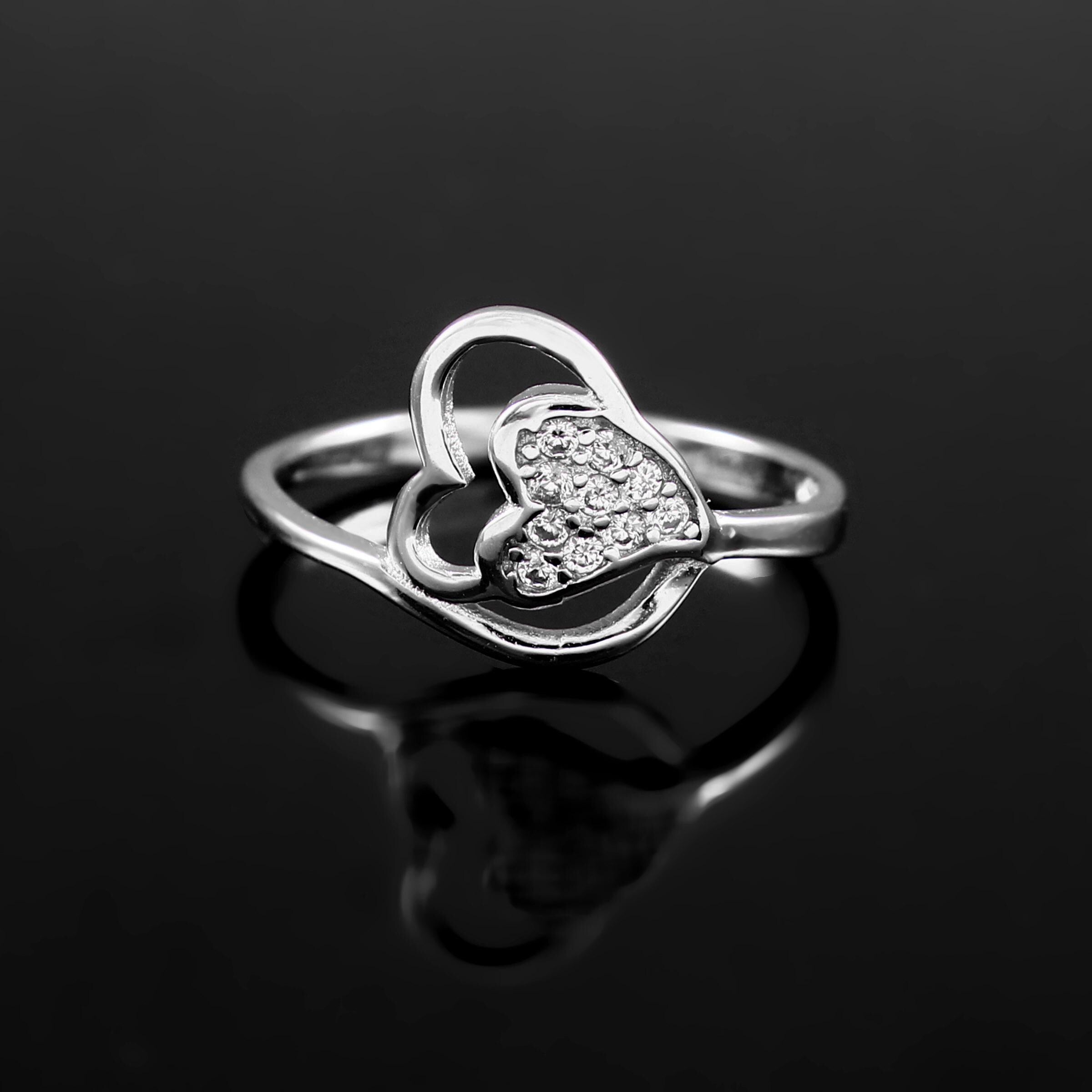 Pave Cubic Zirconia Dual Heart Sterling Silver Ring