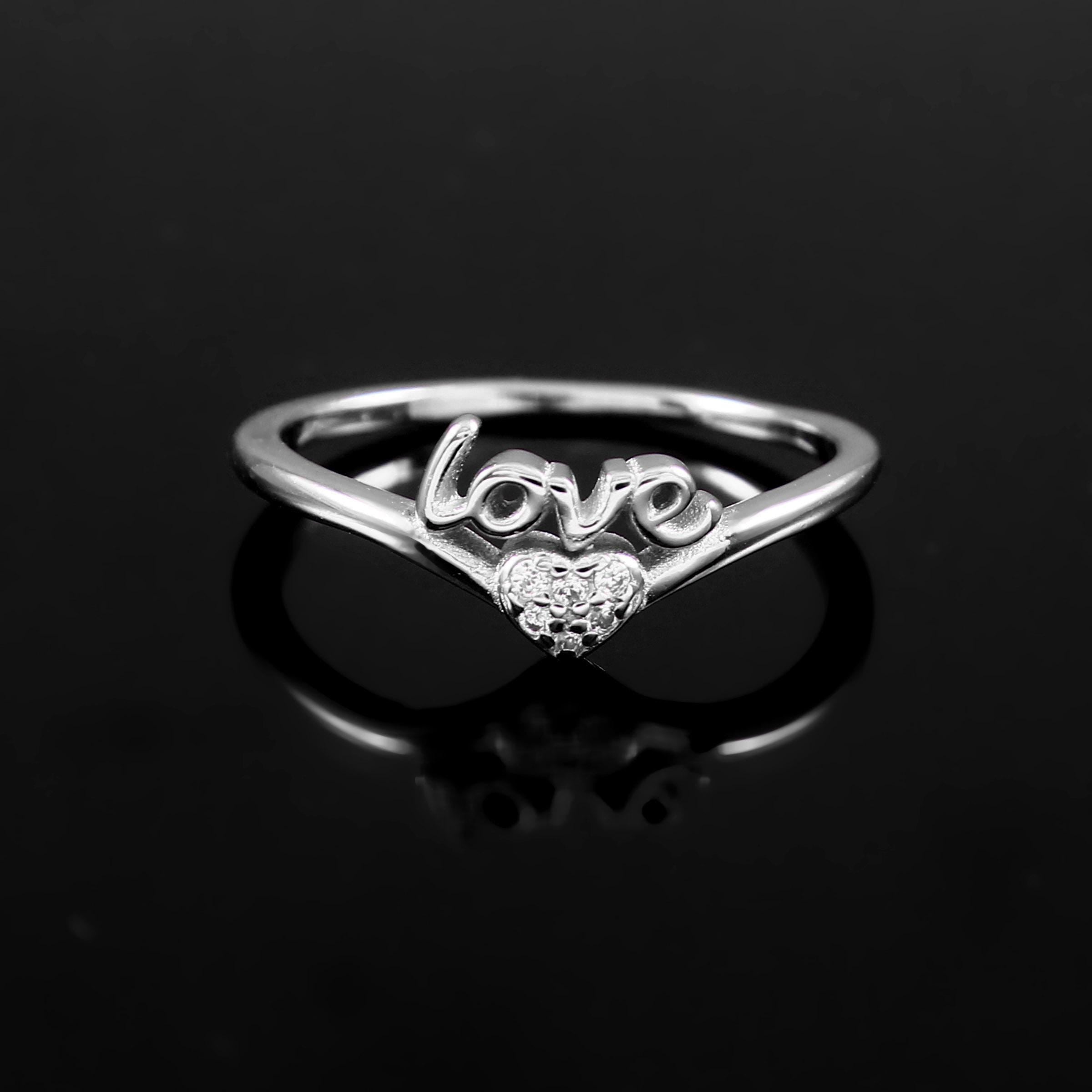 Love Word Sterling Silver Ring, Cubic Zirconia Pave Heart, Minimalist Jewelry