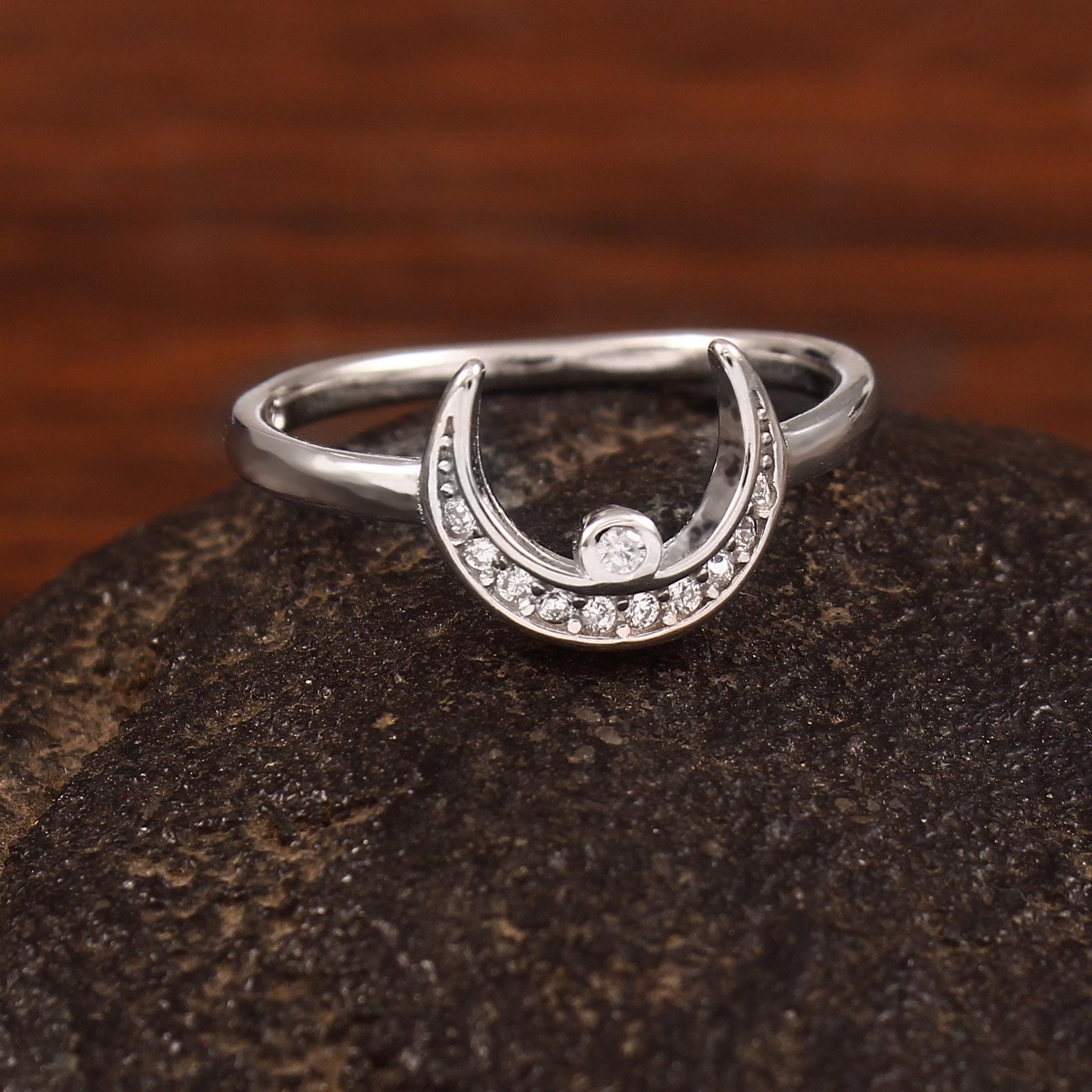Sterling Silver Crescent Moon Ring, Pave Cubic Zirconia, Dainty Stackable Ring