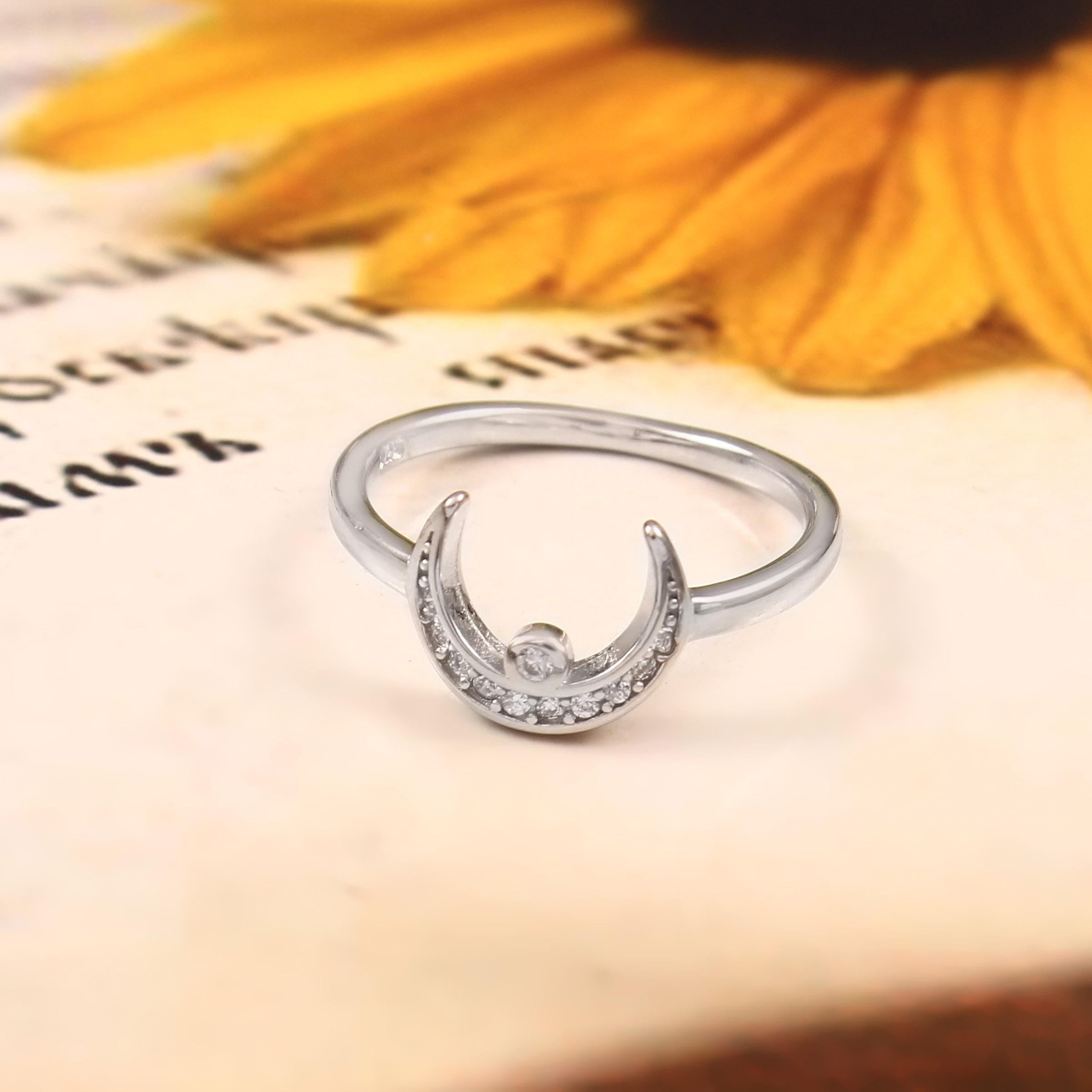 Sterling Silver Crescent Moon Ring, Pave Cubic Zirconia, Dainty Stackable Ring