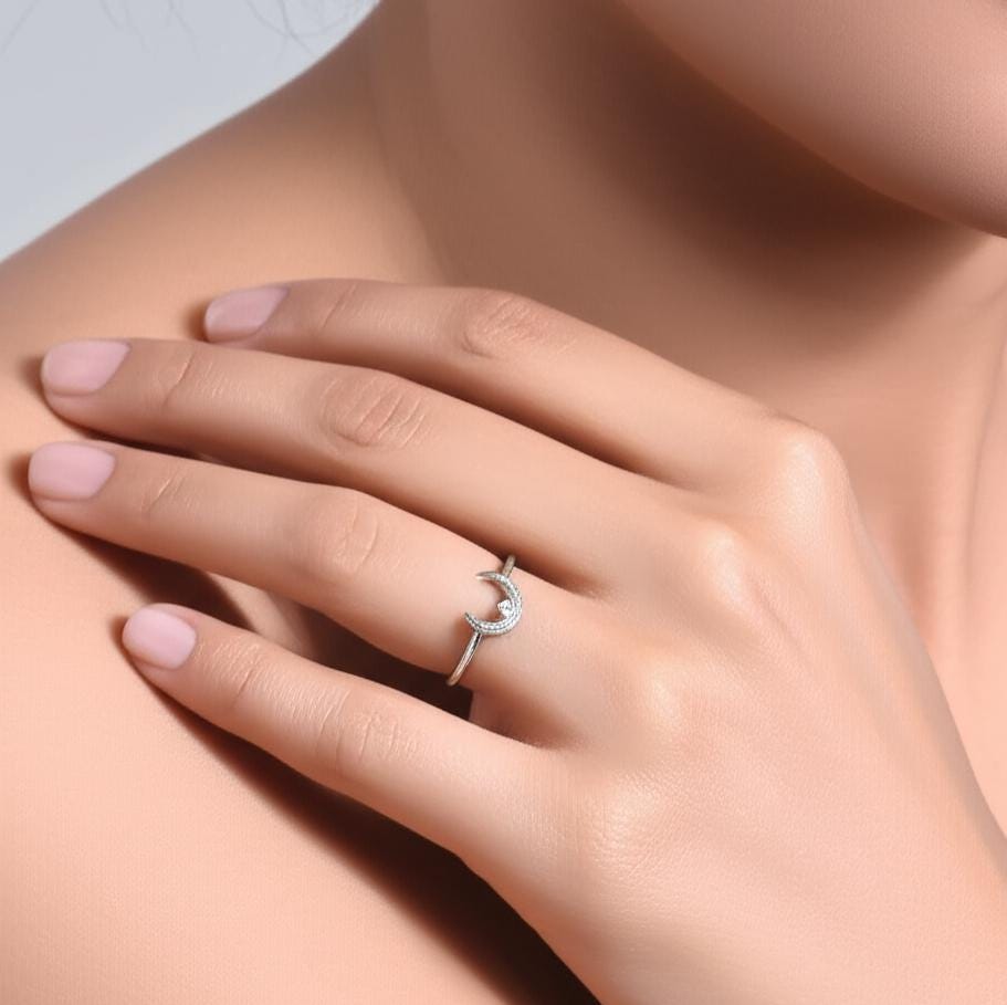 Sterling Silver Crescent Moon Ring, Pave Cubic Zirconia, Dainty Stackable Ring