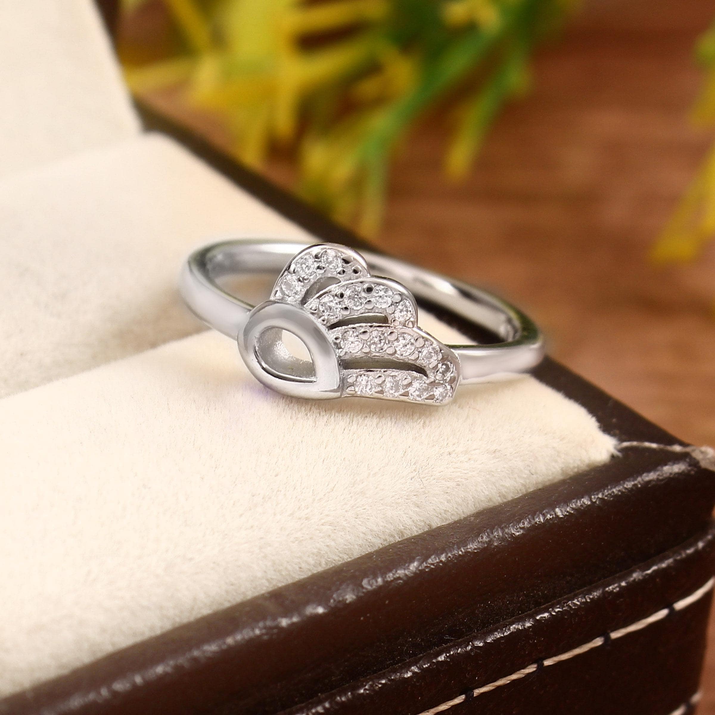 Sterling Silver Angel Wing Ring, Cubic Zirconia Feather Jewelry