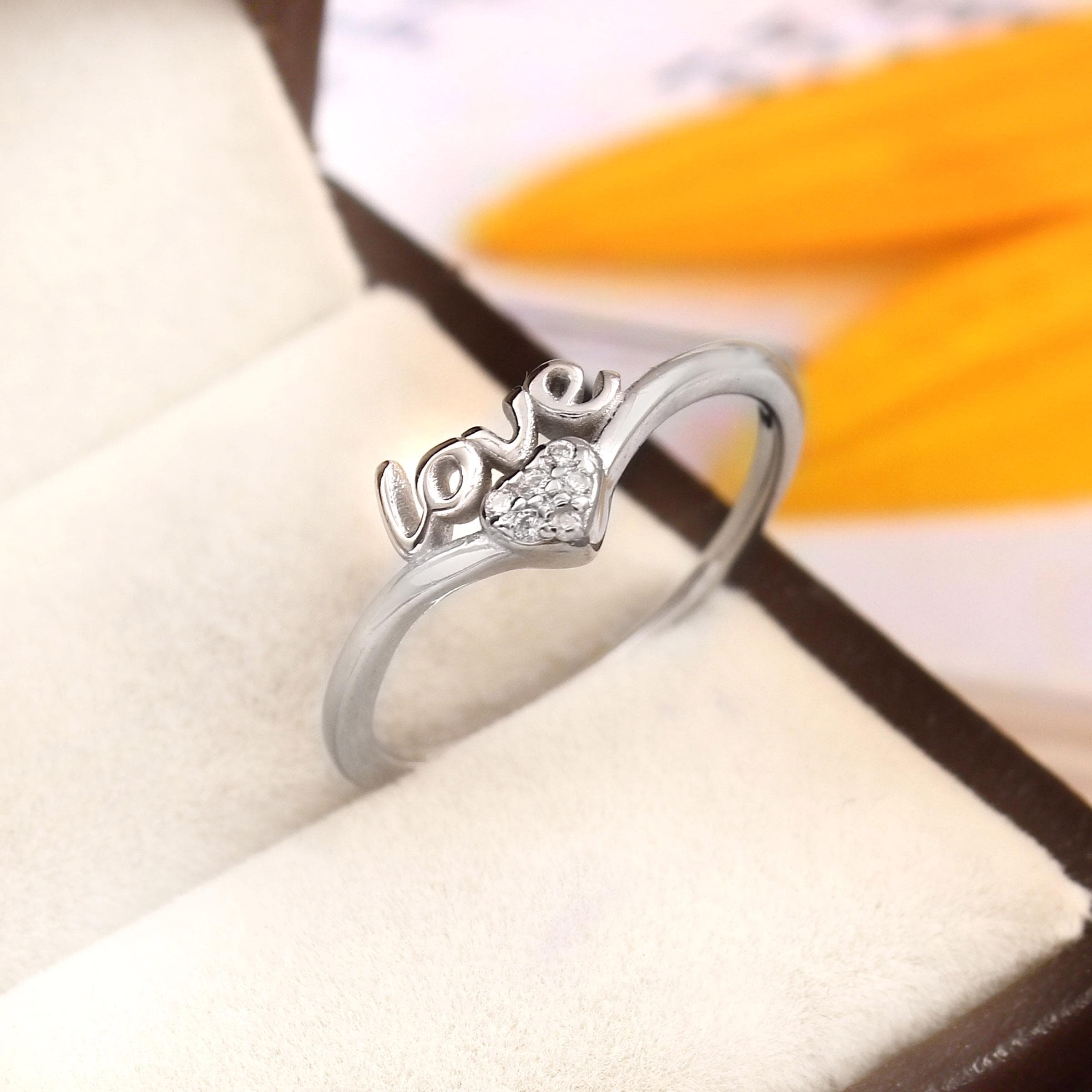 Love Word Sterling Silver Ring, Cubic Zirconia Pave Heart, Minimalist Jewelry