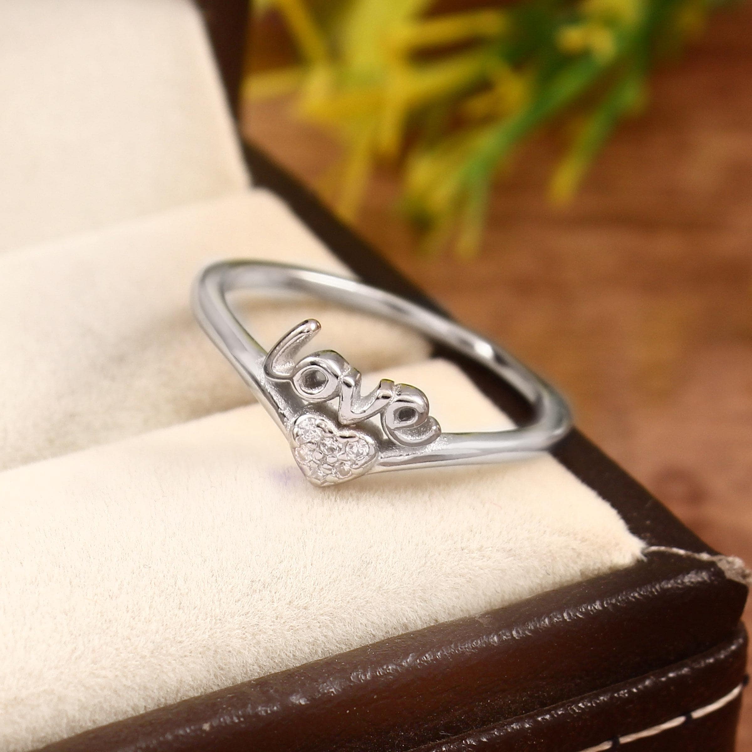 Love Word Sterling Silver Ring, Cubic Zirconia Pave Heart, Minimalist Jewelry