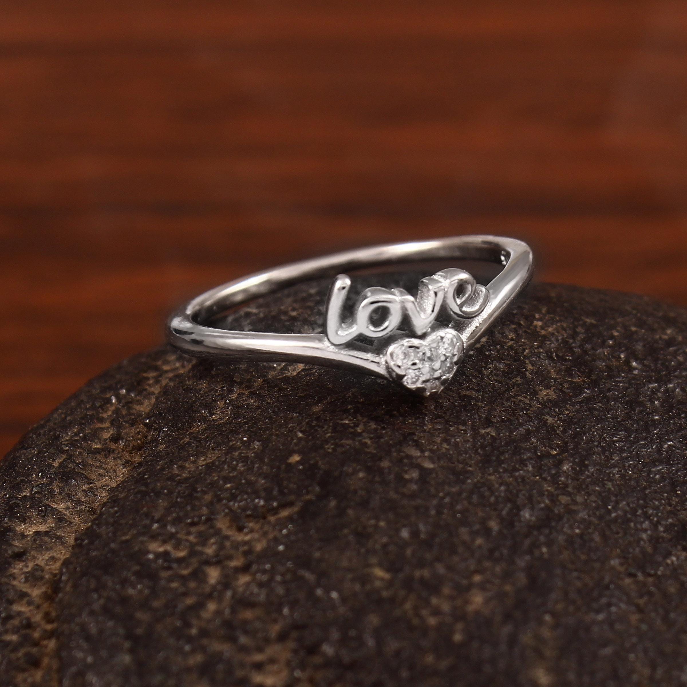 Love Word Sterling Silver Ring, Cubic Zirconia Pave Heart, Minimalist Jewelry