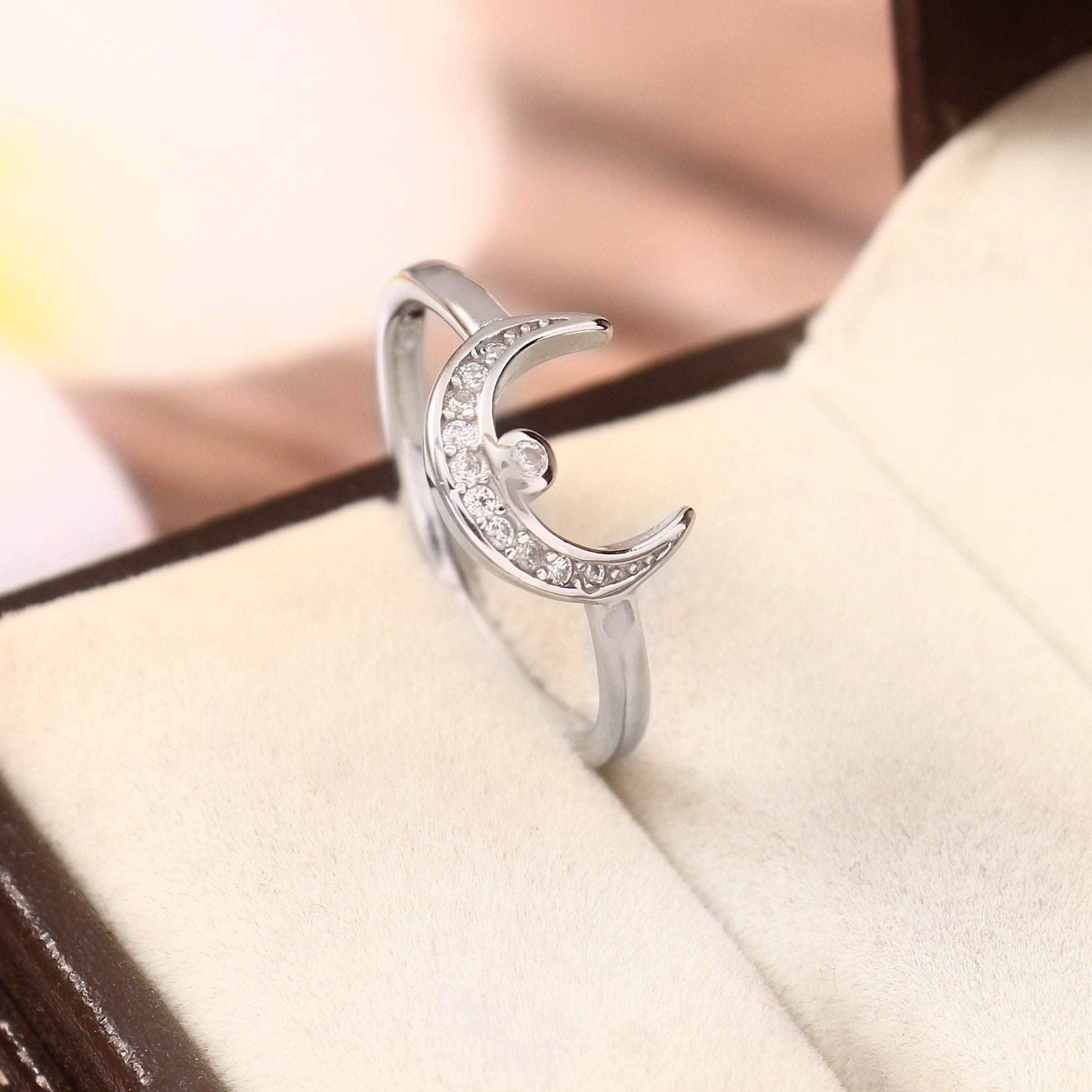 Sterling Silver Crescent Moon Ring, Pave Cubic Zirconia, Dainty Stackable Ring