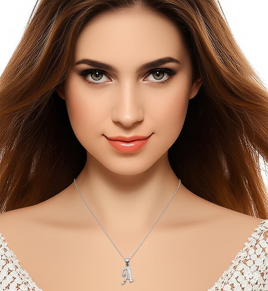 Cursive Initial Necklace, Sterling Silver CZ Letter Pendant, 18 Inch Chain