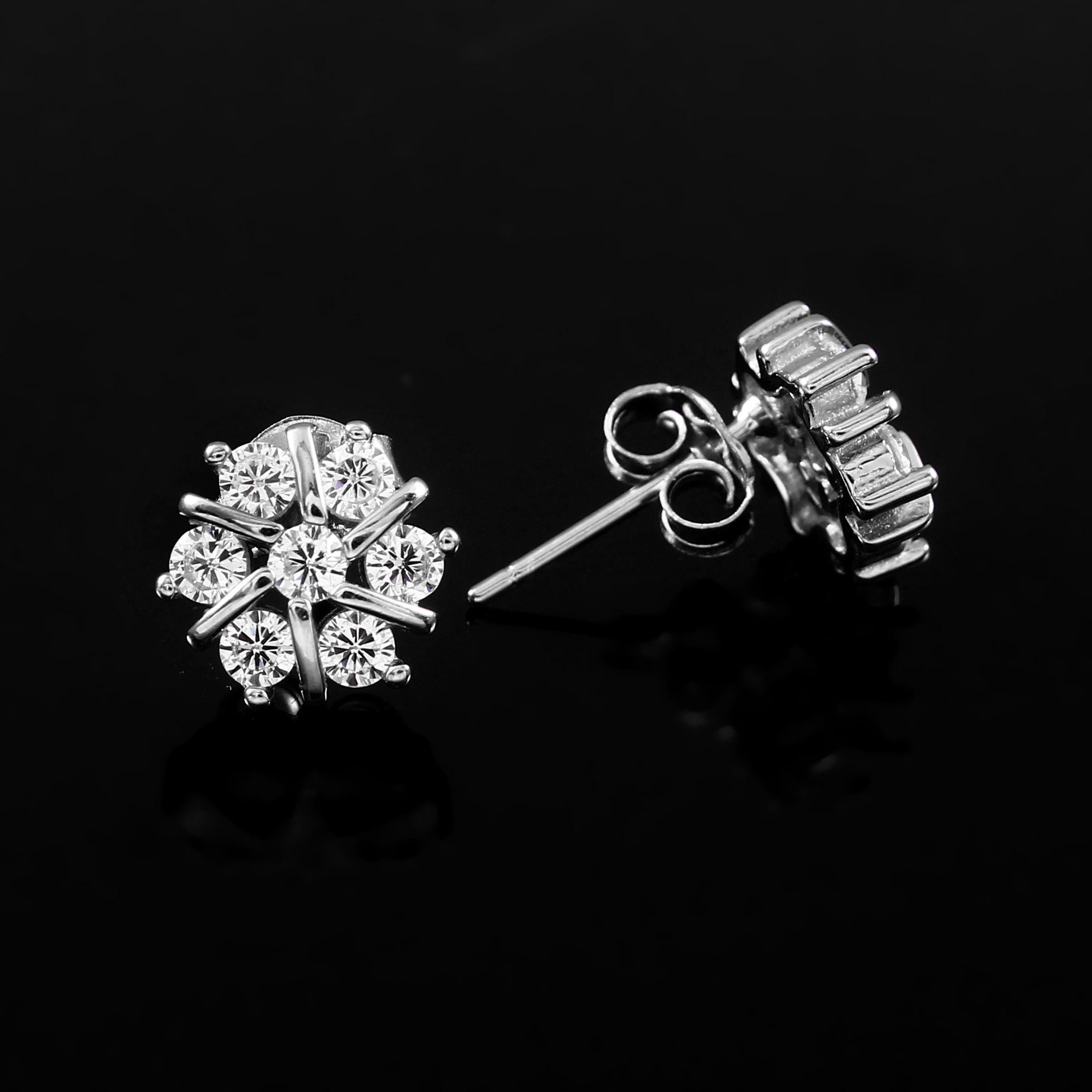 Moissanite Flower Stud Earrings, Sterling Silver Snowflake Floral Studs