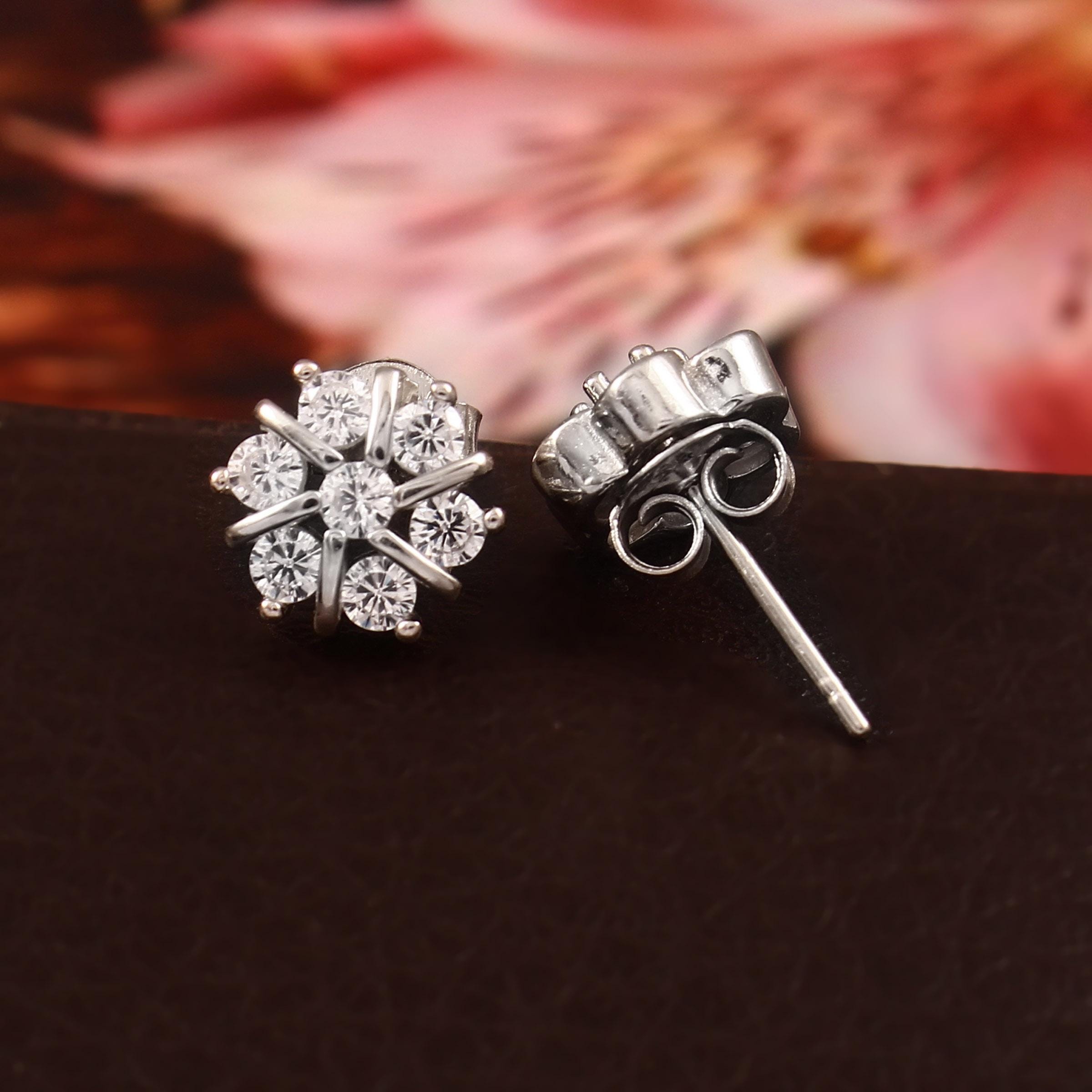 Moissanite Flower Stud Earrings, Sterling Silver Snowflake Floral Studs