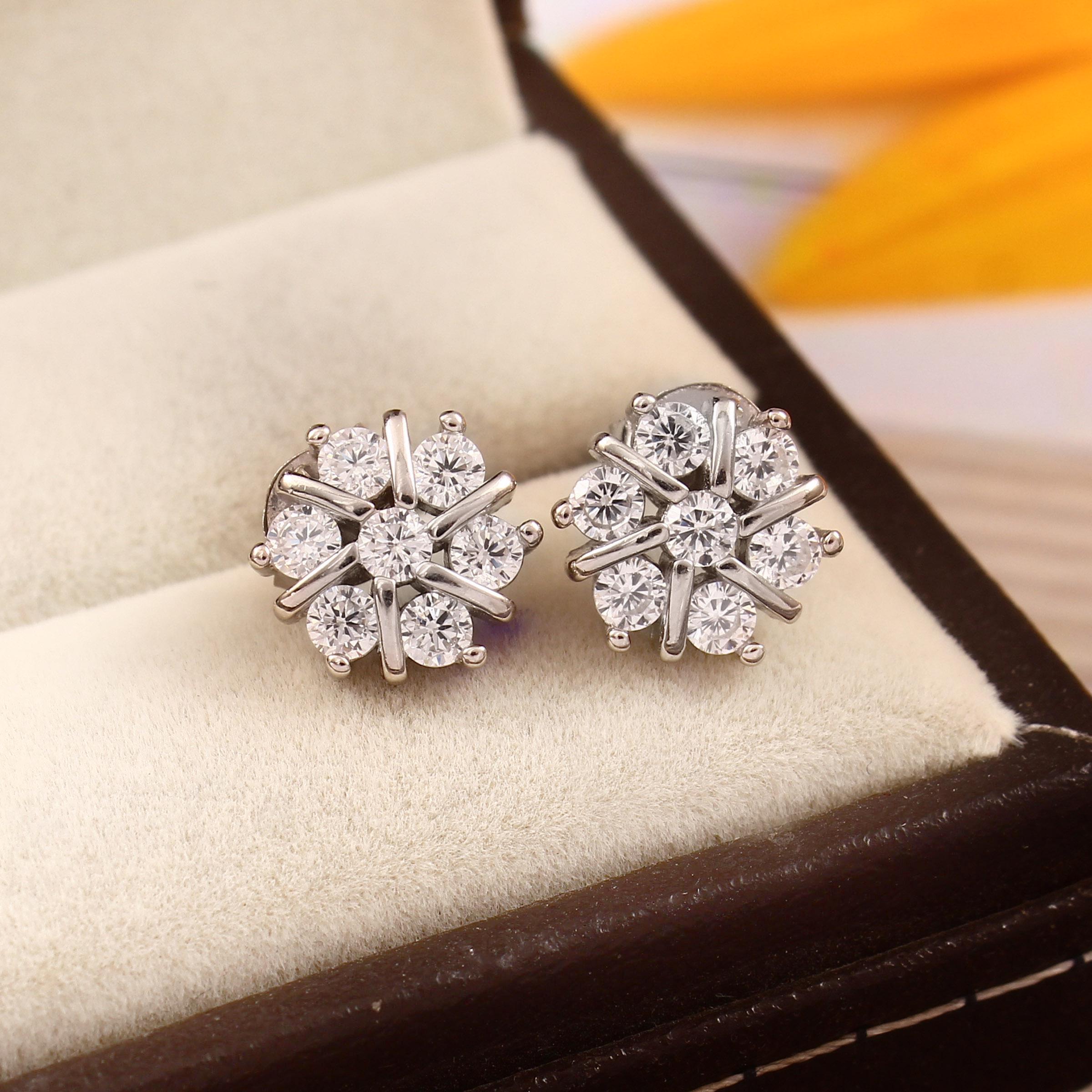 Moissanite Flower Stud Earrings, Sterling Silver Snowflake Floral Studs