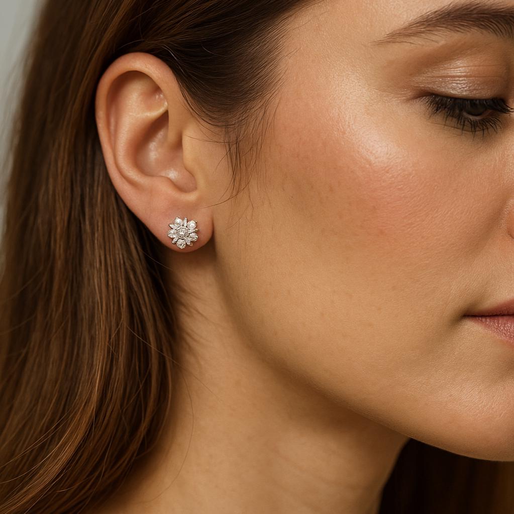 Moissanite Flower Stud Earrings, Sterling Silver Snowflake Floral Studs