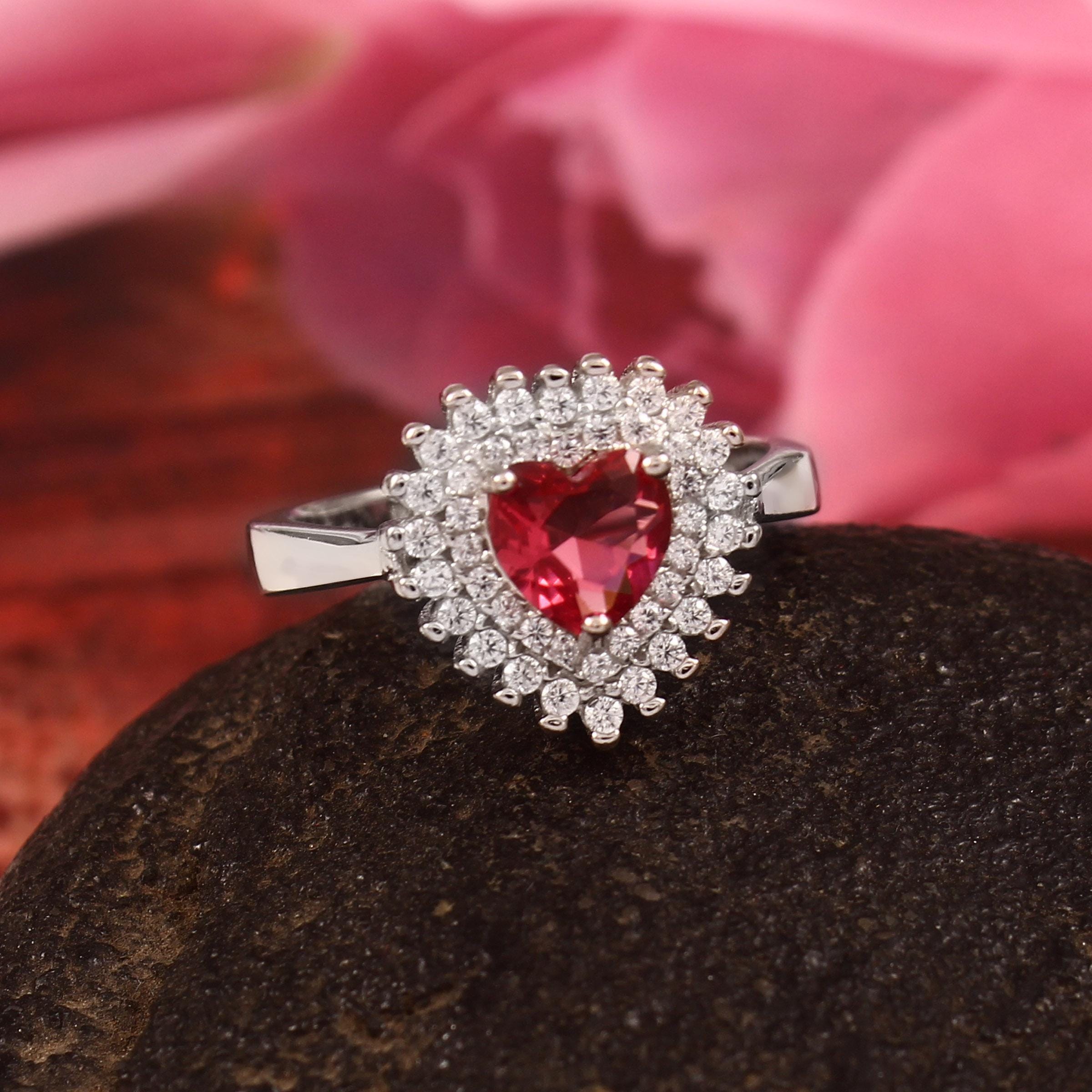 Heart Ruby Engagement Ring, Double Halo, Sterling Silver