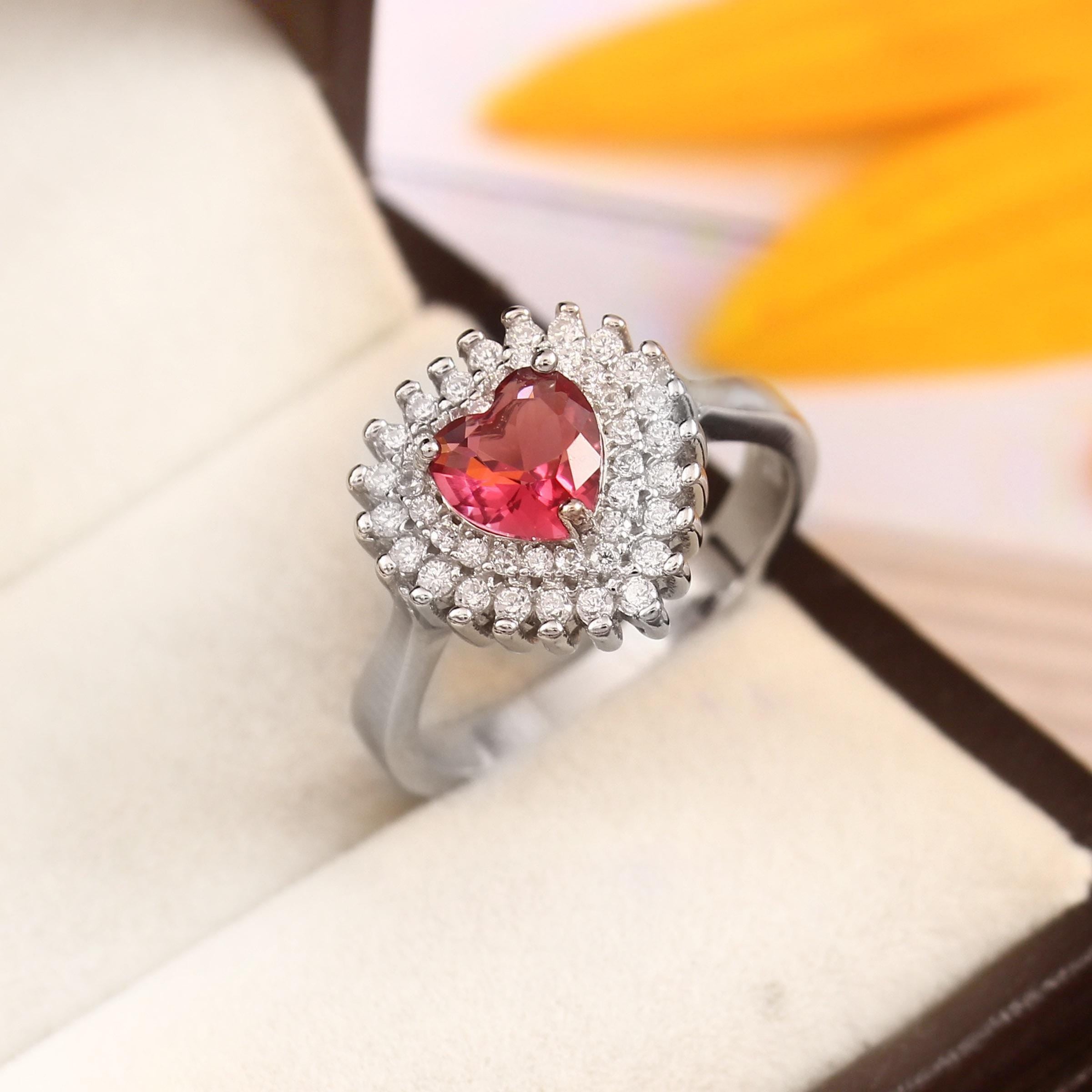 Heart Ruby Engagement Ring, Double Halo, Sterling Silver