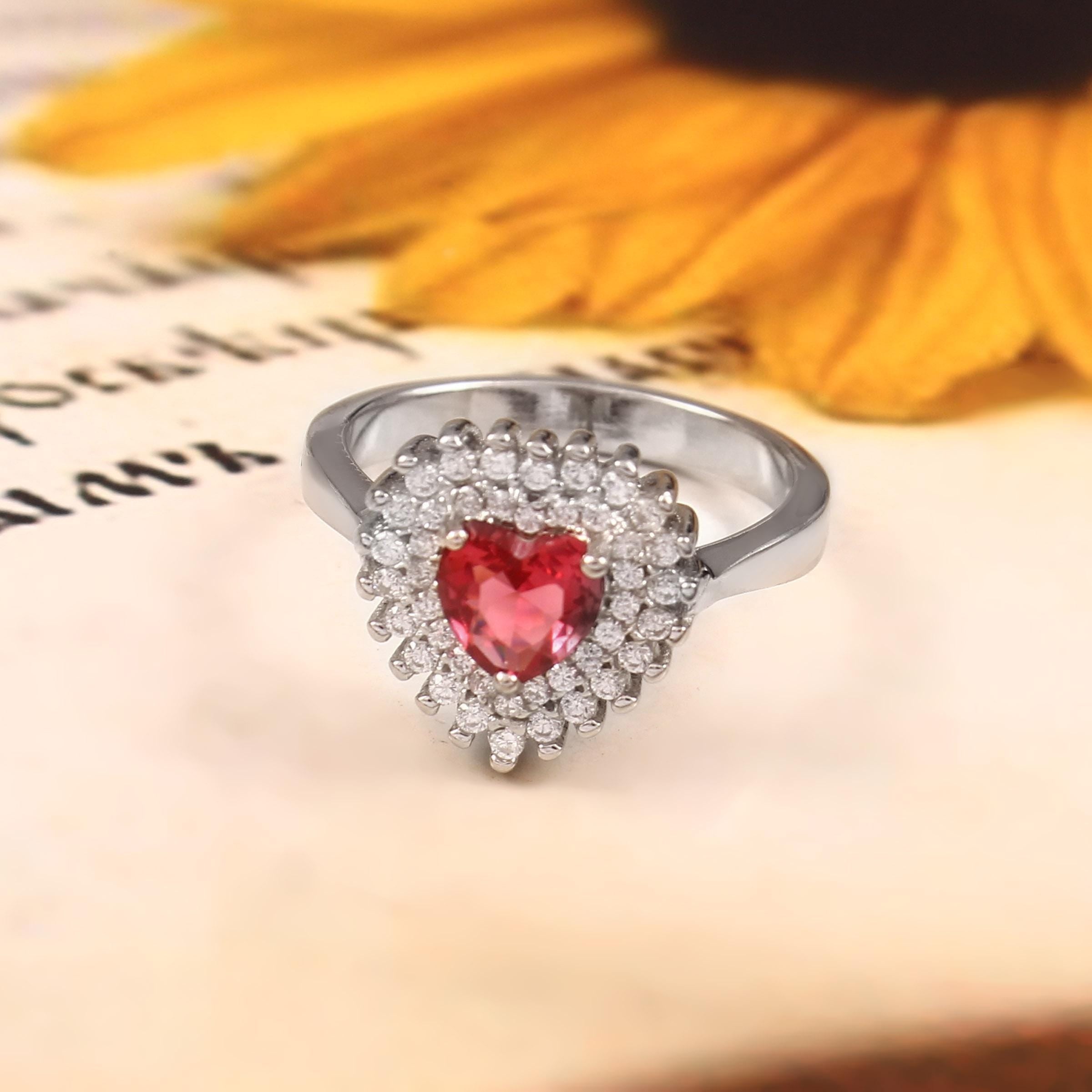 Heart Ruby Engagement Ring, Double Halo, Sterling Silver