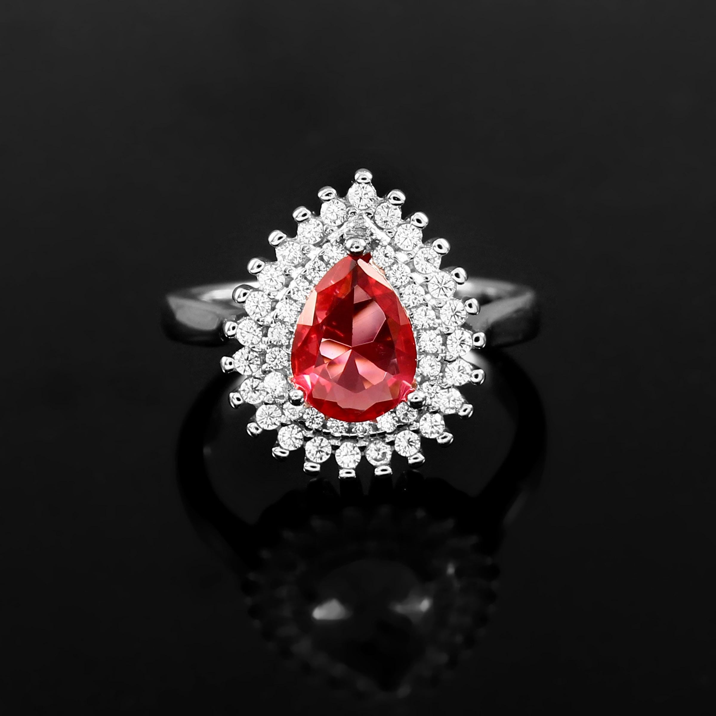 Pear Cut Ruby Sterling Silver Ring, Double Halo Art Deco Design