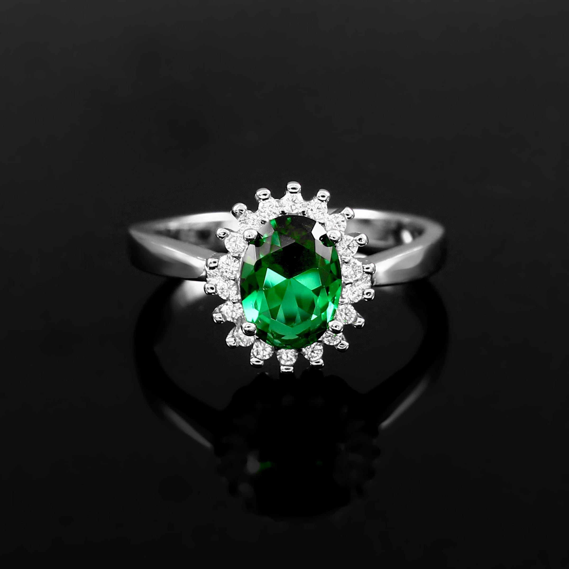 Oval Emerald Engagement Ring, Halo Moissanite, Sterling Silver Art Deco