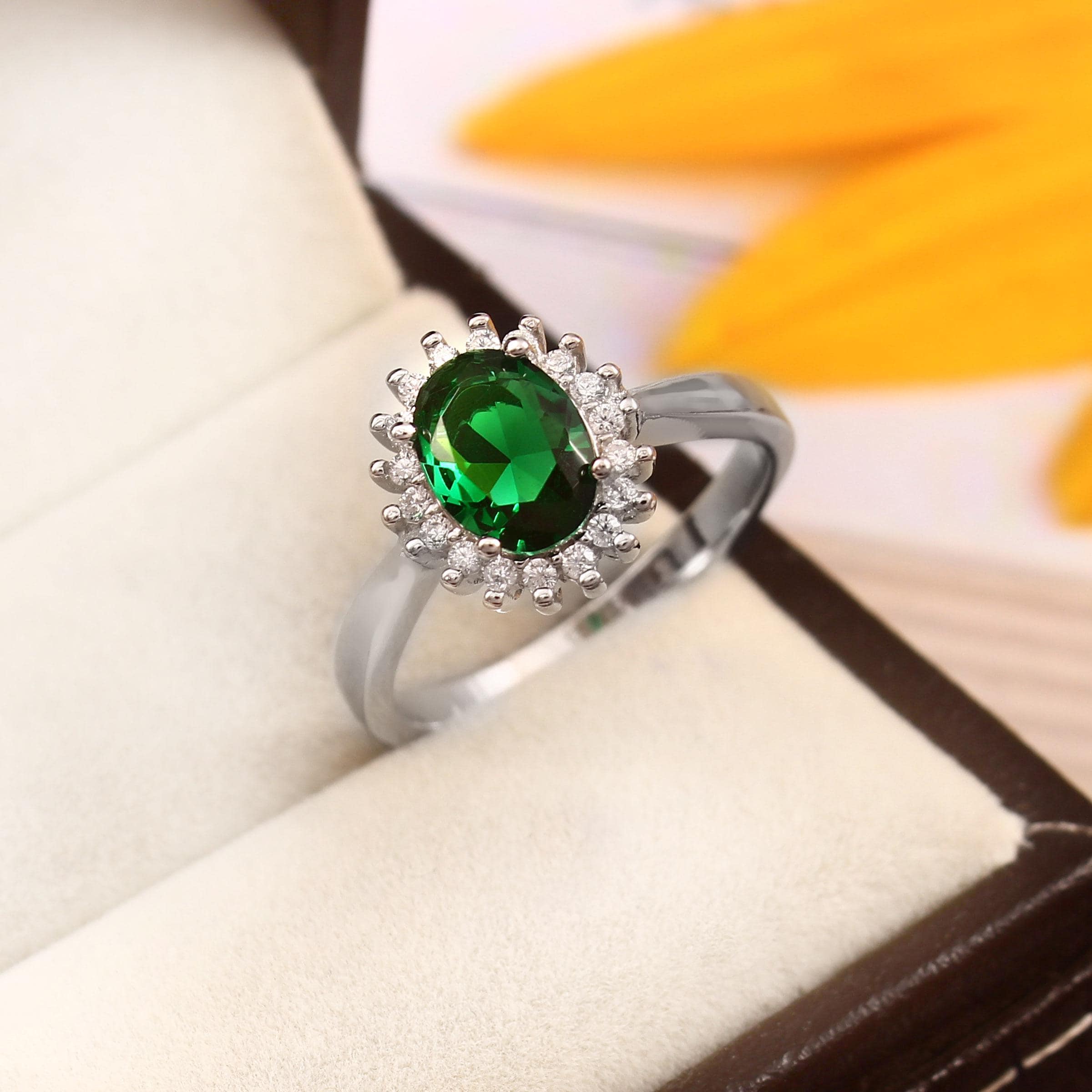 Oval Emerald Engagement Ring, Halo Moissanite, Sterling Silver Art Deco